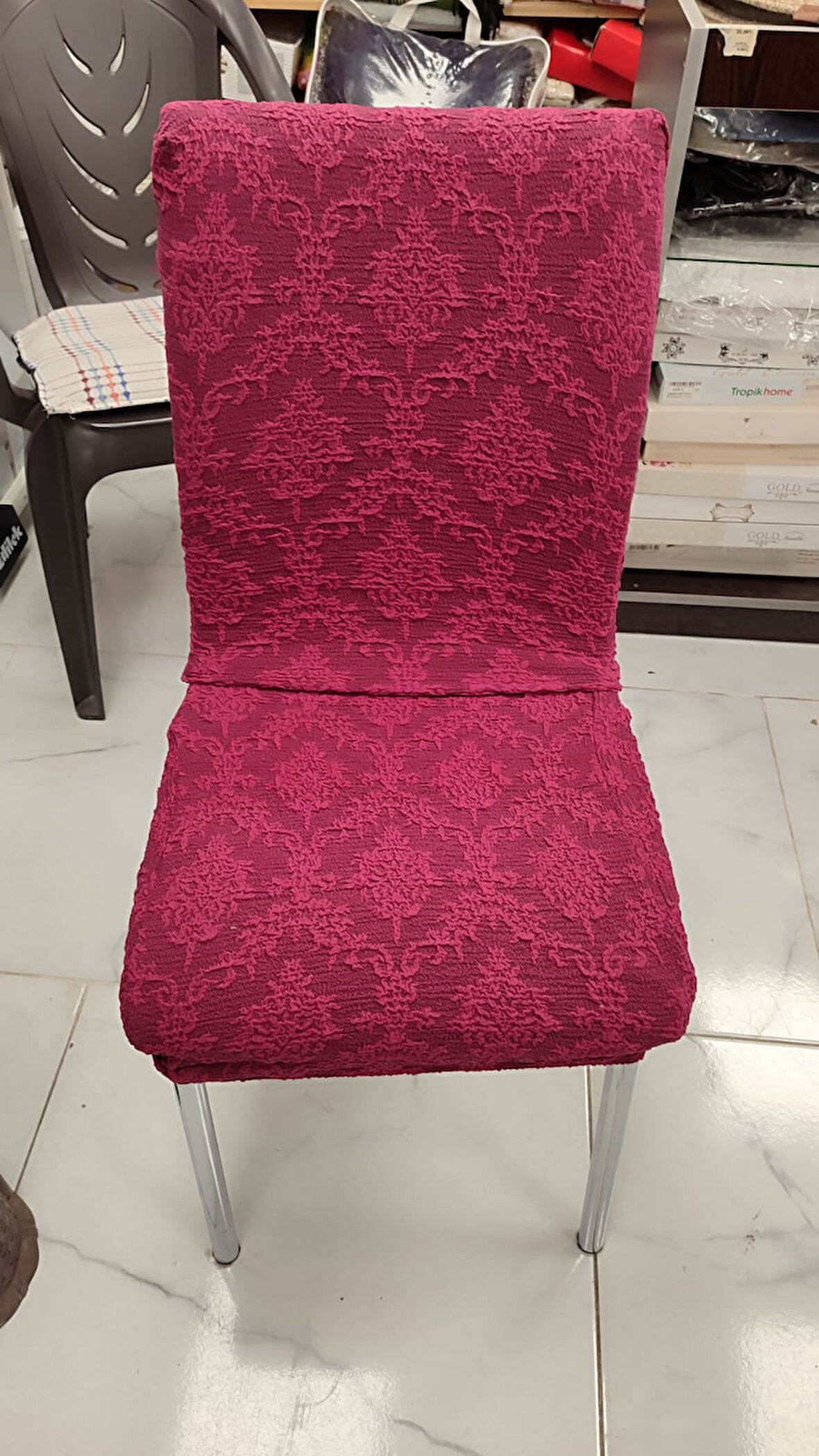 MANDAŞ 6LI SET Jakarlı Lastikli Eteksiz Sandalye Kılıfı-Şal Desen Mürdüm