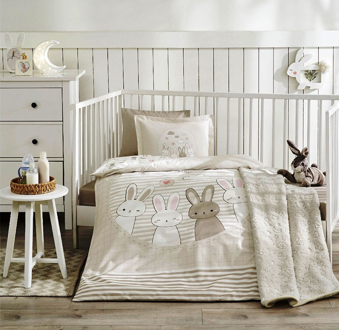 Özdilek Ranforce Bebek Battaniyeli Nevresim Takımı-Hello Rabbit Bej