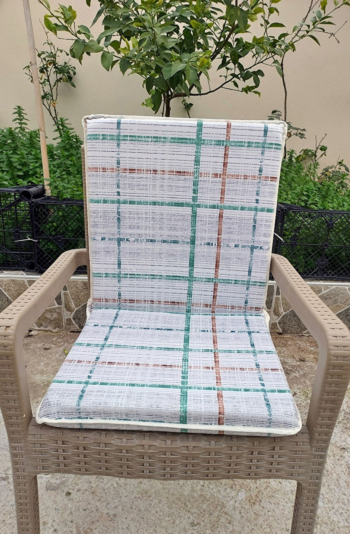 1 Adet Komutan Arkalıklı Sandalye Minderi, Extra Kalın (Kalınlık 5cm)-Ekose Yeşil