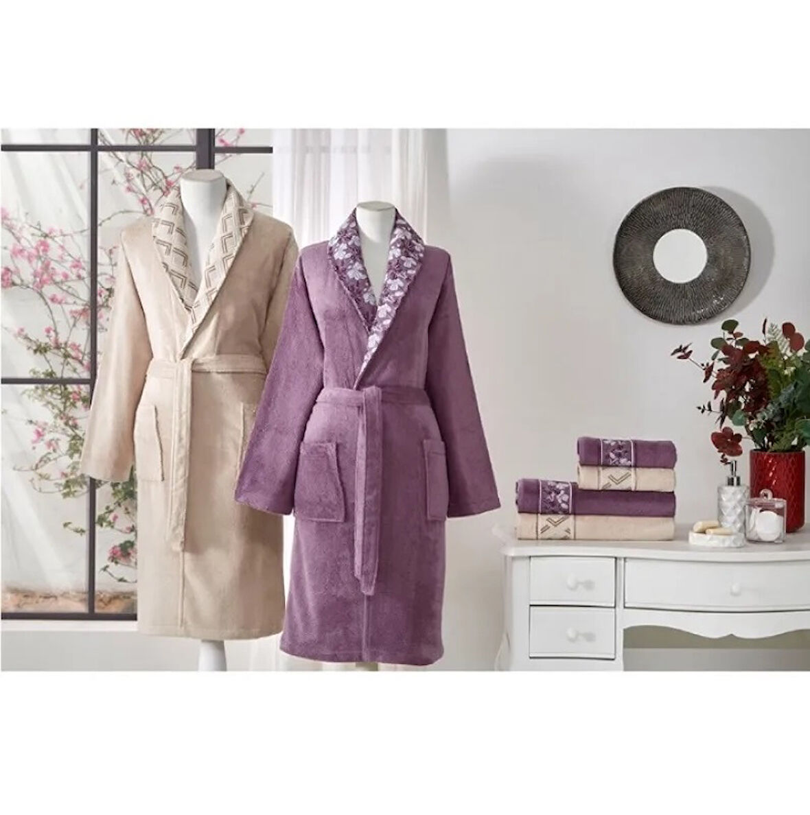 Özdilek %60 Bambu %40 Pamuk Aile Bornoz Seti-Fiore Line Bej Mürdüm
