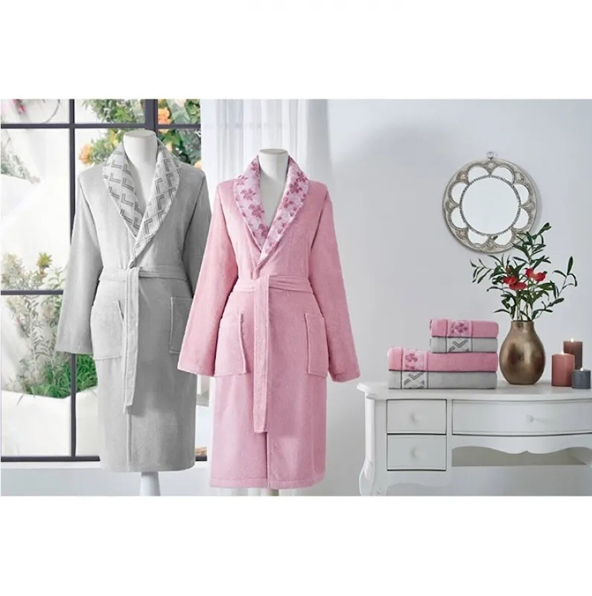 Özdilek %60 Bambu %40 Pamuk Aile Bornoz Seti-Fiore Line Gri Pembe