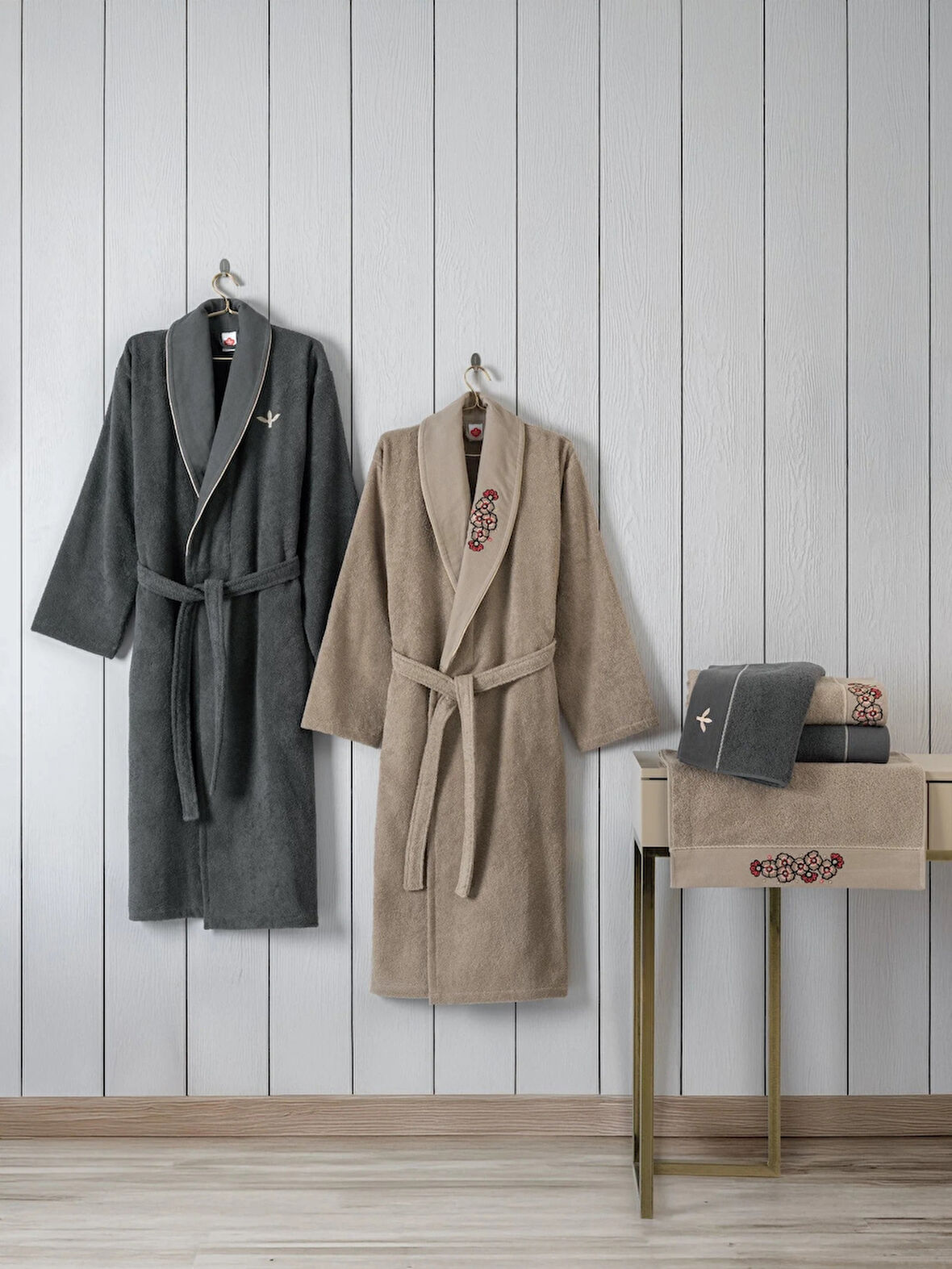 Cotton box Folkart Aile Bornoz Seti Yamka Bej Antrasit