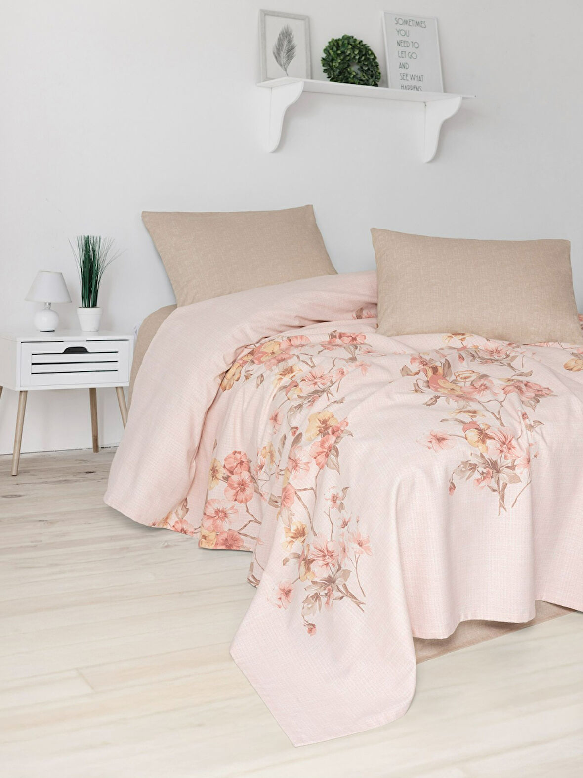 FİXE Baskılı  Çift Kişilik Pike Takım Pansy Bej