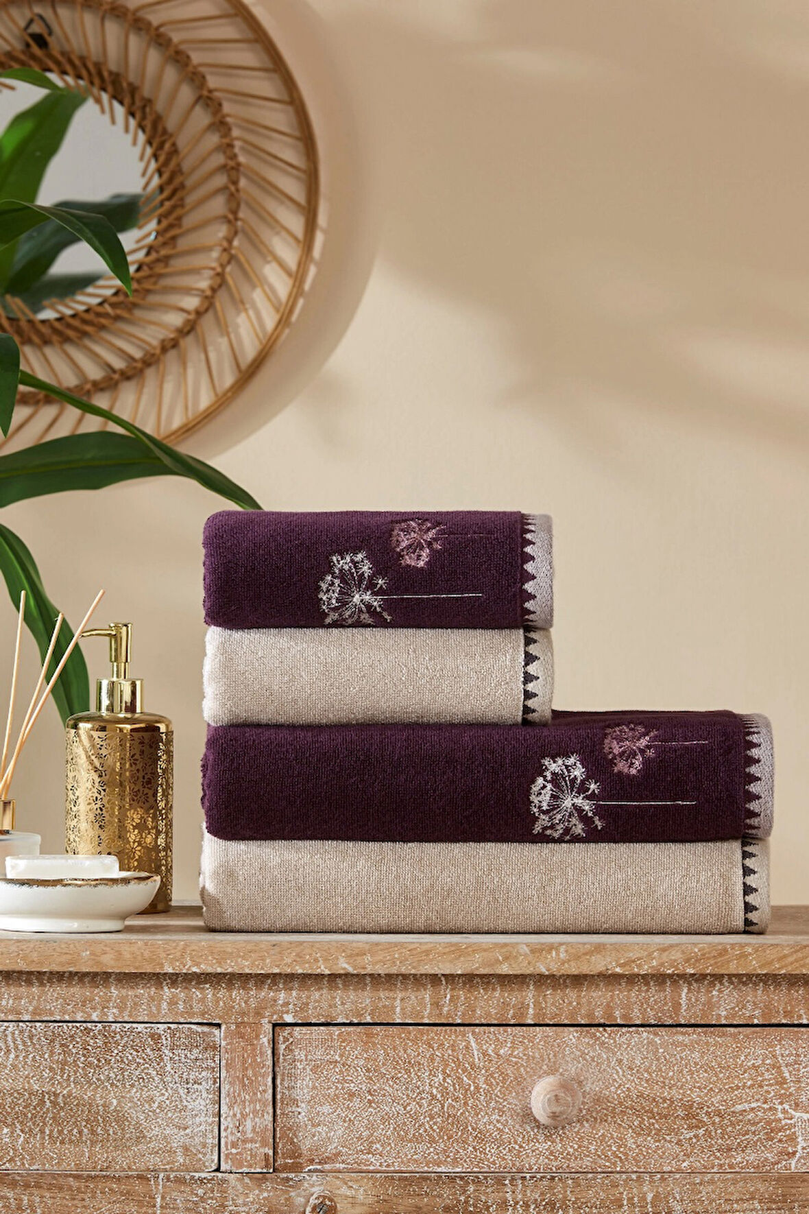 Özdilek 4 Parça Best Hamam Seti, Banyo Havlu Takımı-Erba Seca Mürdüm Bej