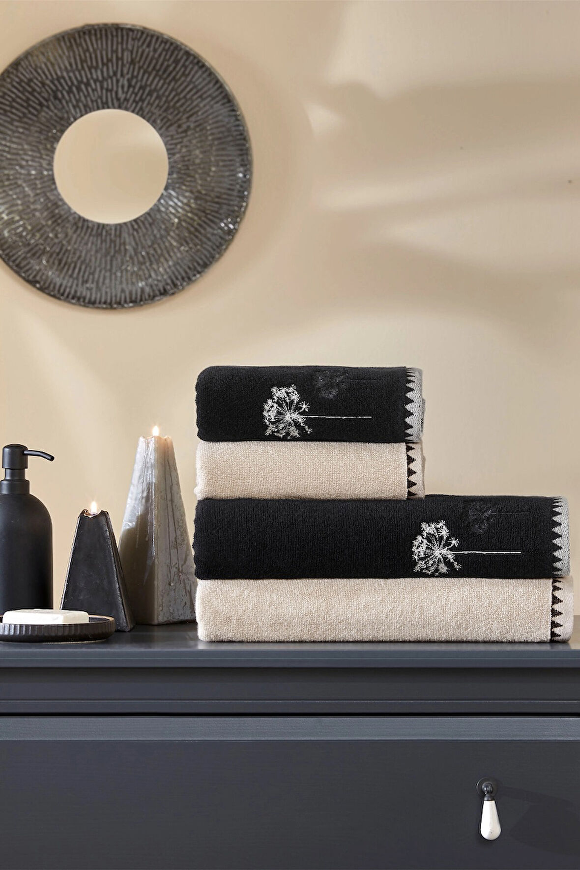 Özdilek 4 Parça Best Hamam Seti, Banyo Havlu Takımı-Erba Seca Siyah Bej