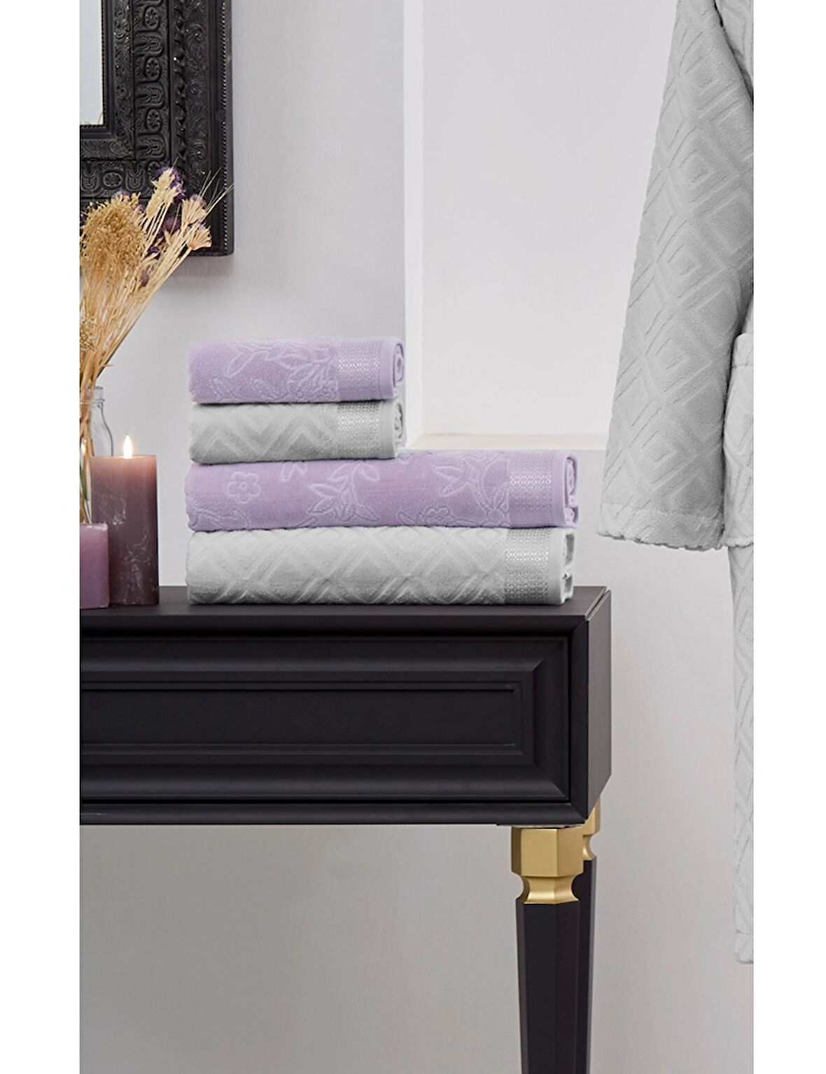 Özdilek 4 Parça Best Hamam Seti, Banyo Havlu Takımı-Pastoral Lila Gri