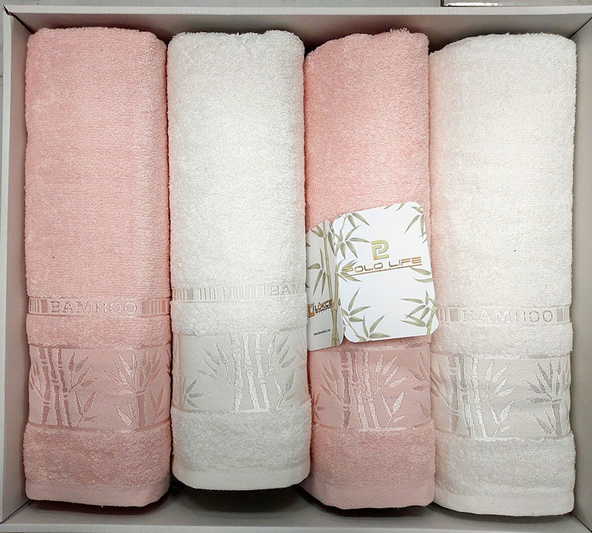 Polo Life 4 Parça Bamboo Hamam Seti (Büyük Boy), Banyo Havlu Takımı-Pembe Krem