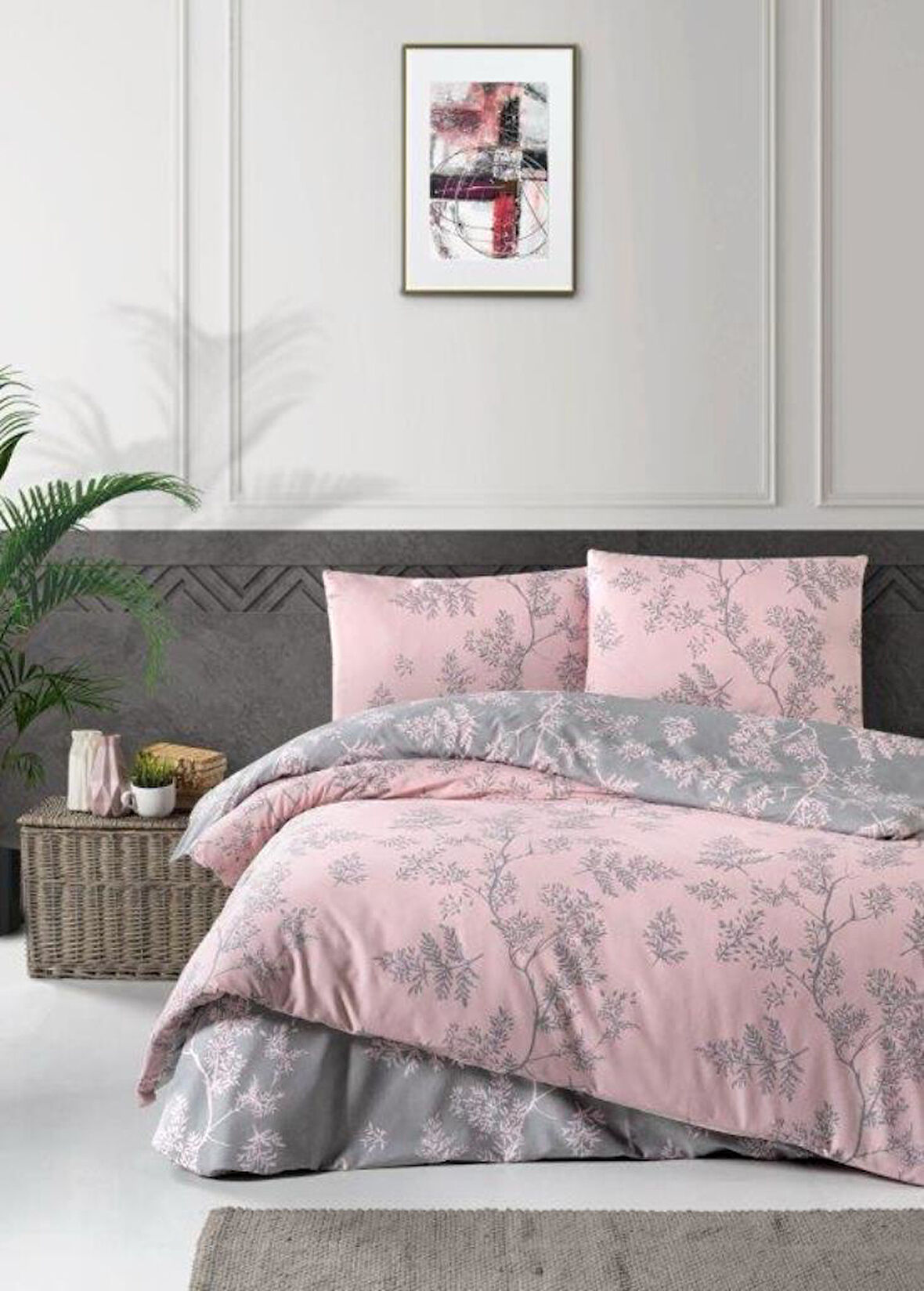 The Ecosse Çarşafı Lastikli Tek Kişilik Nevresim Takımı-Forest Pudra