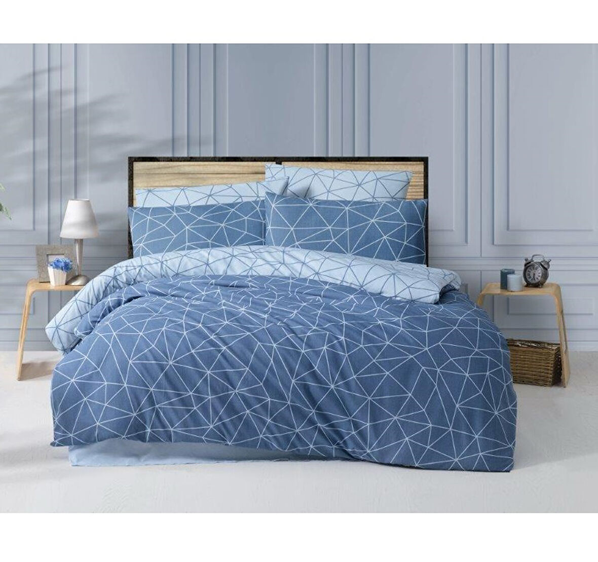 The Ecosse Çarşafı Lastikli Çift Kişilik Nevresim Takımı-Mia Mavi
