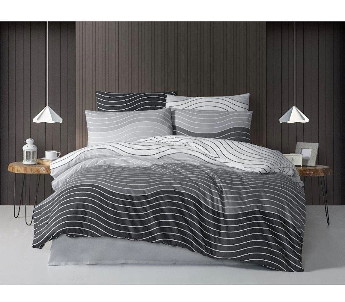The Ecosse Çarşafı Lastikli Çift Kişilik Nevresim Takımı-Wave Gri