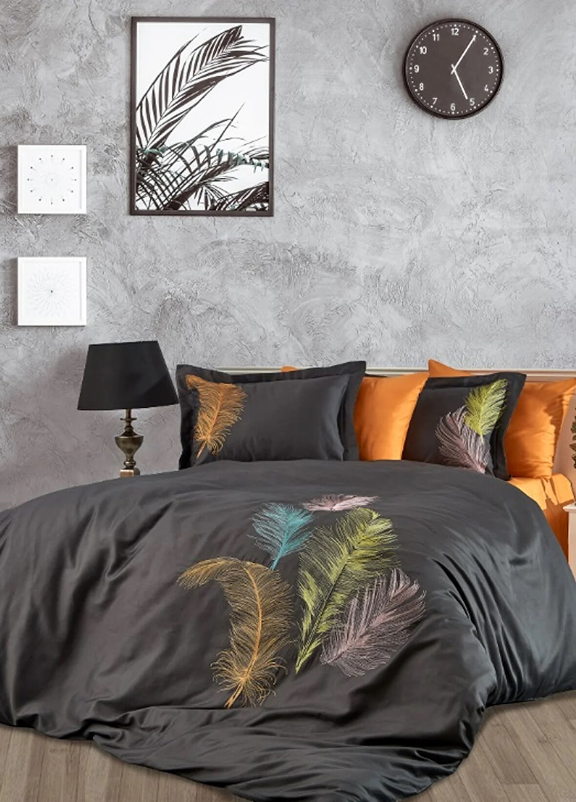 Dantela İz Nakışlı Pamuk Saten Çift Kişilik Nevresim Takımı-Antrasit Oranj