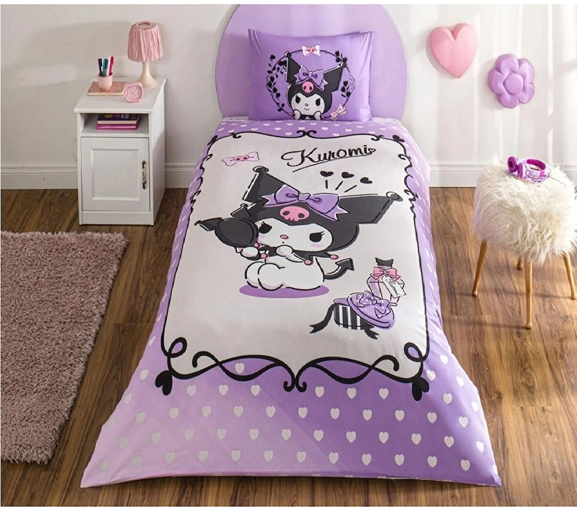 Taç Kuromi Lisanslı Ranforce Çarşafı Lastikli Tek Kişilik Nevresim Takımı-Lila Beyaz