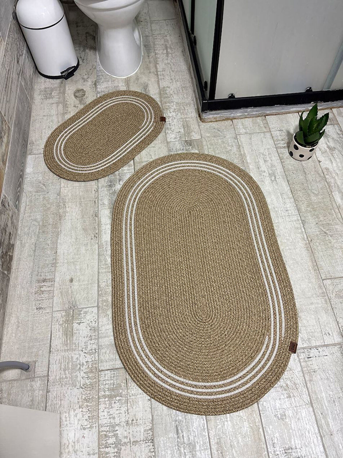 Jüt Hasır 2li Banyo Paspas Takımı-Bej Ortası Aralıklı Beyaz