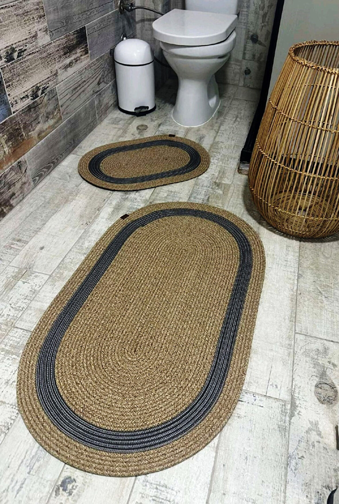 Jüt Hasır 2li Banyo Paspas Takımı-Bej Ortası Gri