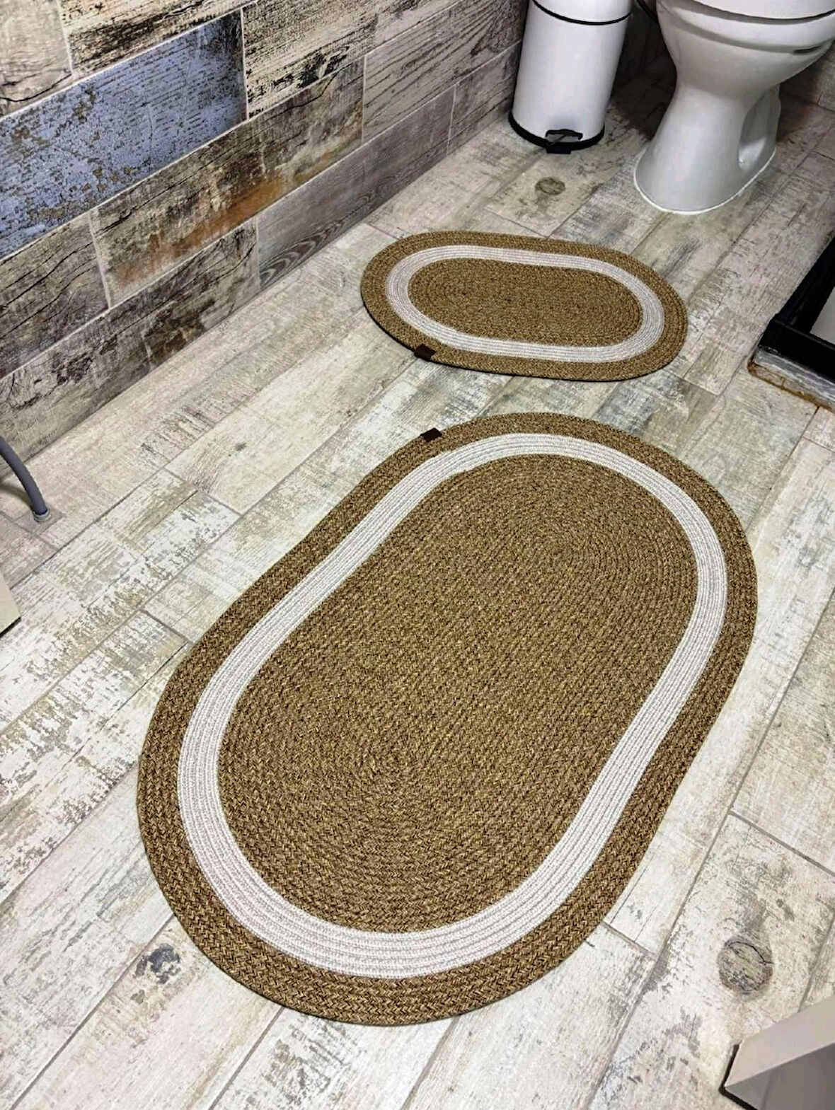 Jüt Hasır 2li Banyo Paspas Takımı-Bej Ortası Beyaz