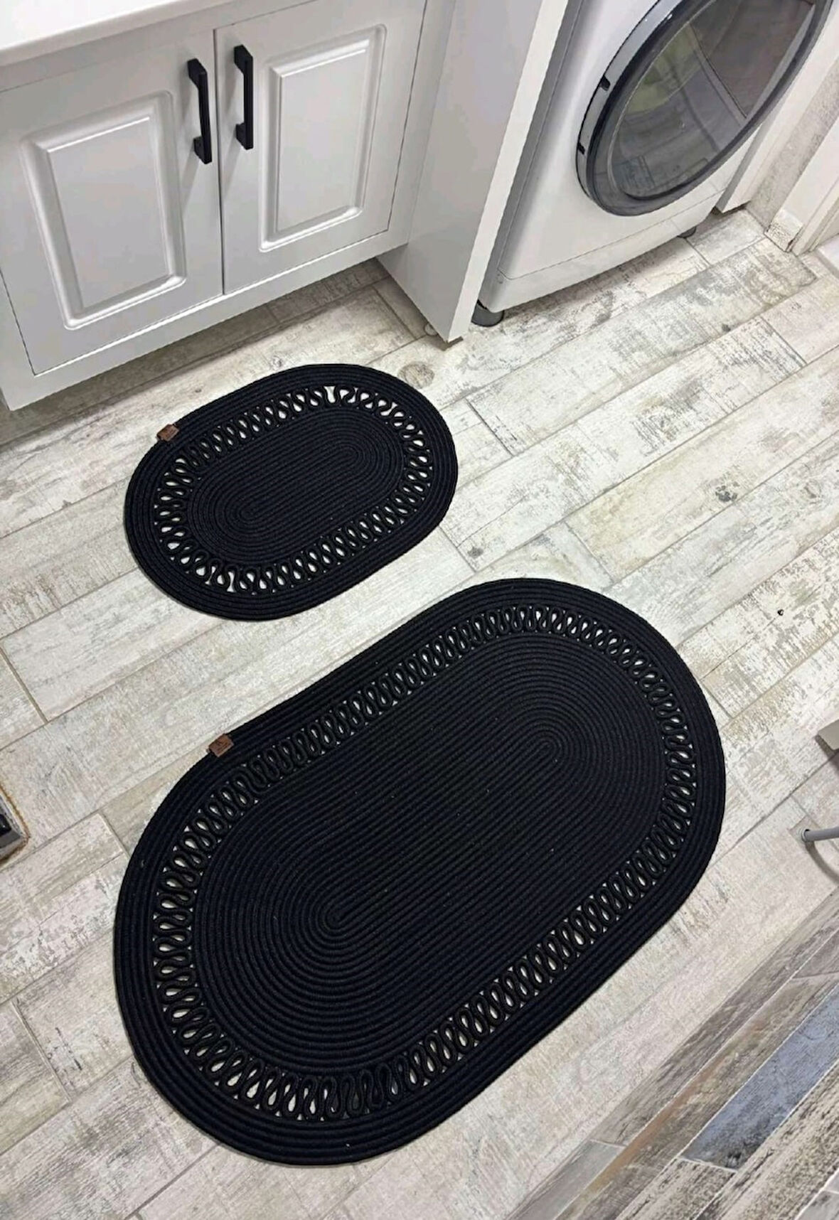 Jüt Hasır 2li Banyo Paspas Takımı-Siyah Trikotlu