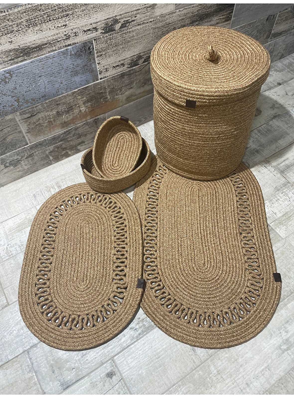 Jüt Hasır 5li Banyo Seti, Çamaşır Sepeti, Paspas Takımı, Oval Sepet-Kırçıllı Trikotlu