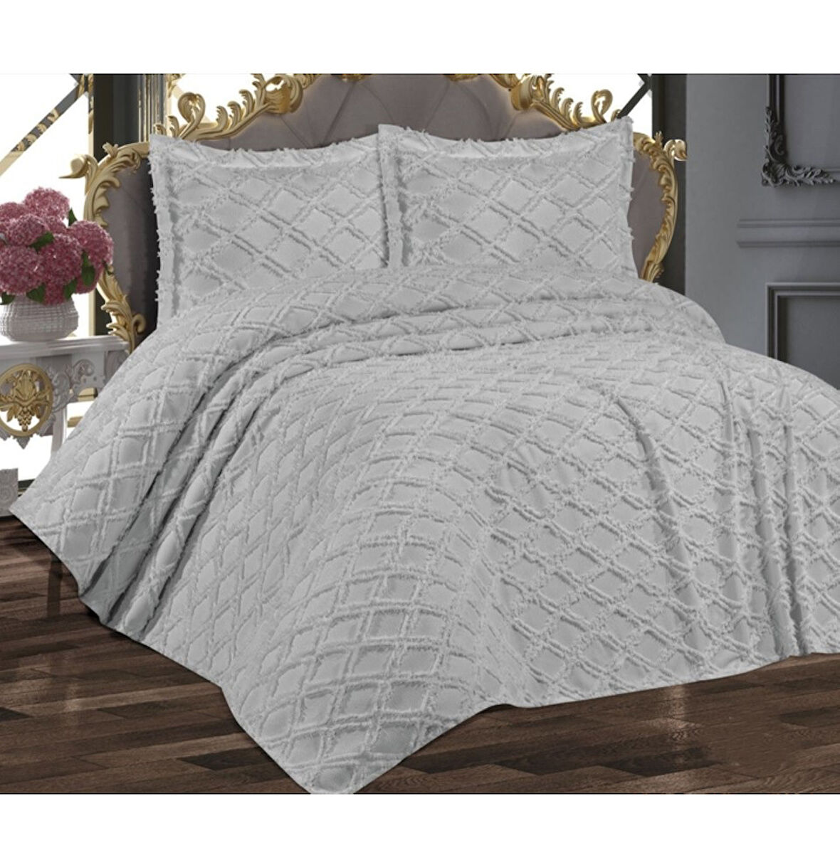 Prestij Puffy Yakut 3 Parça Çift Kişilik Yatak Örtüsü, Pike Örtüsü (250x260)-Gri