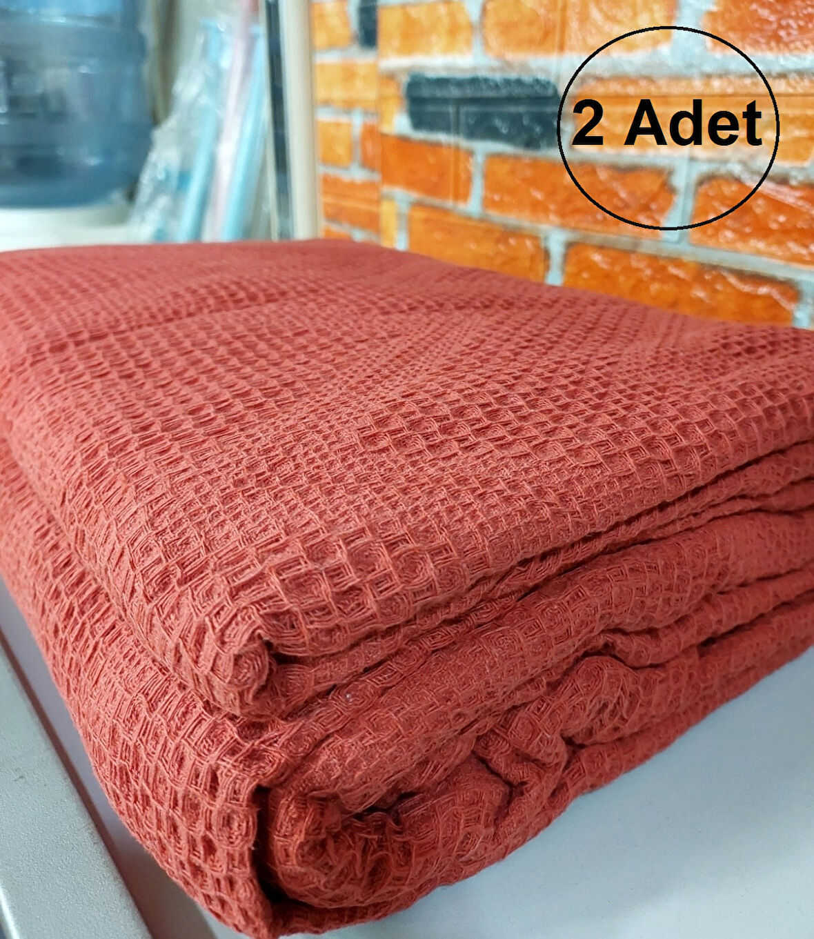 2 Adet Şaheser %100 Pamuk Çift Kişilik Pike 240x220 (Tek Pike)-Brick Red