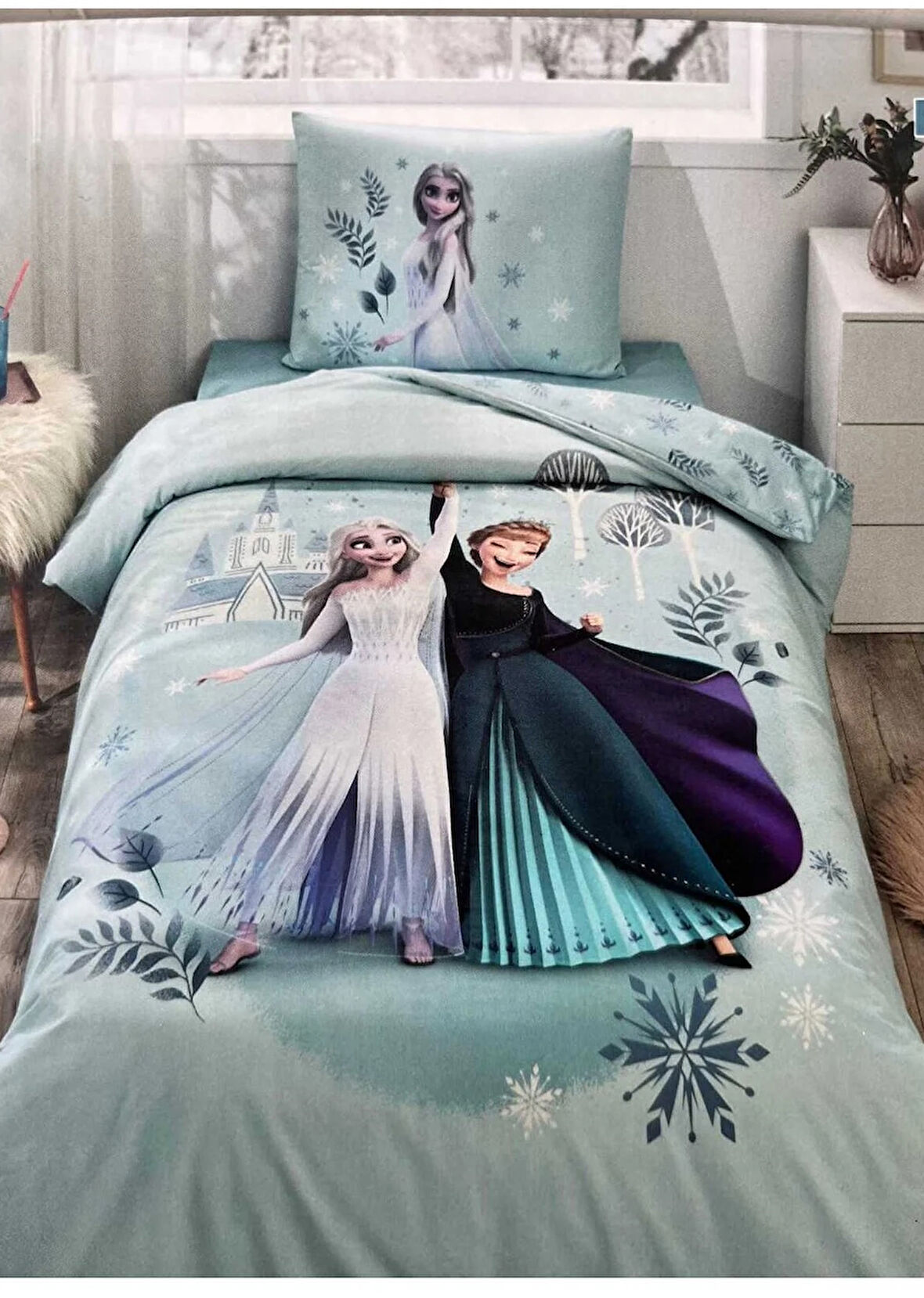 Özdilek Lisanslı Fitted Çarşaflı Tek Kişilik Çocuk Nevresim Takımı-Frozen Leaves Mint