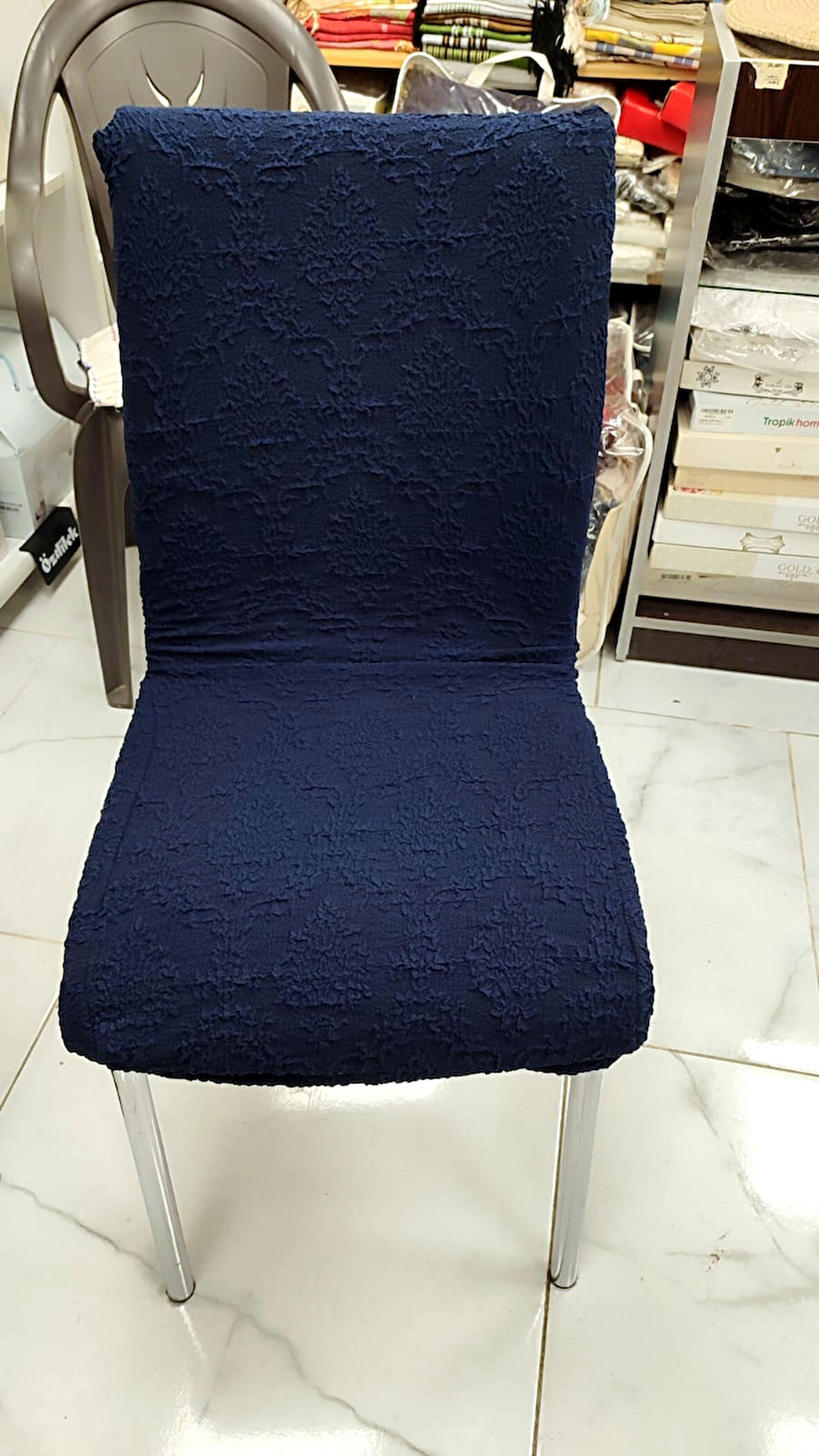 MANDAŞ 6LI SET Jakarlı Lastikli Eteksiz Sandalye Kılıfı-Şal Desen Lacivert