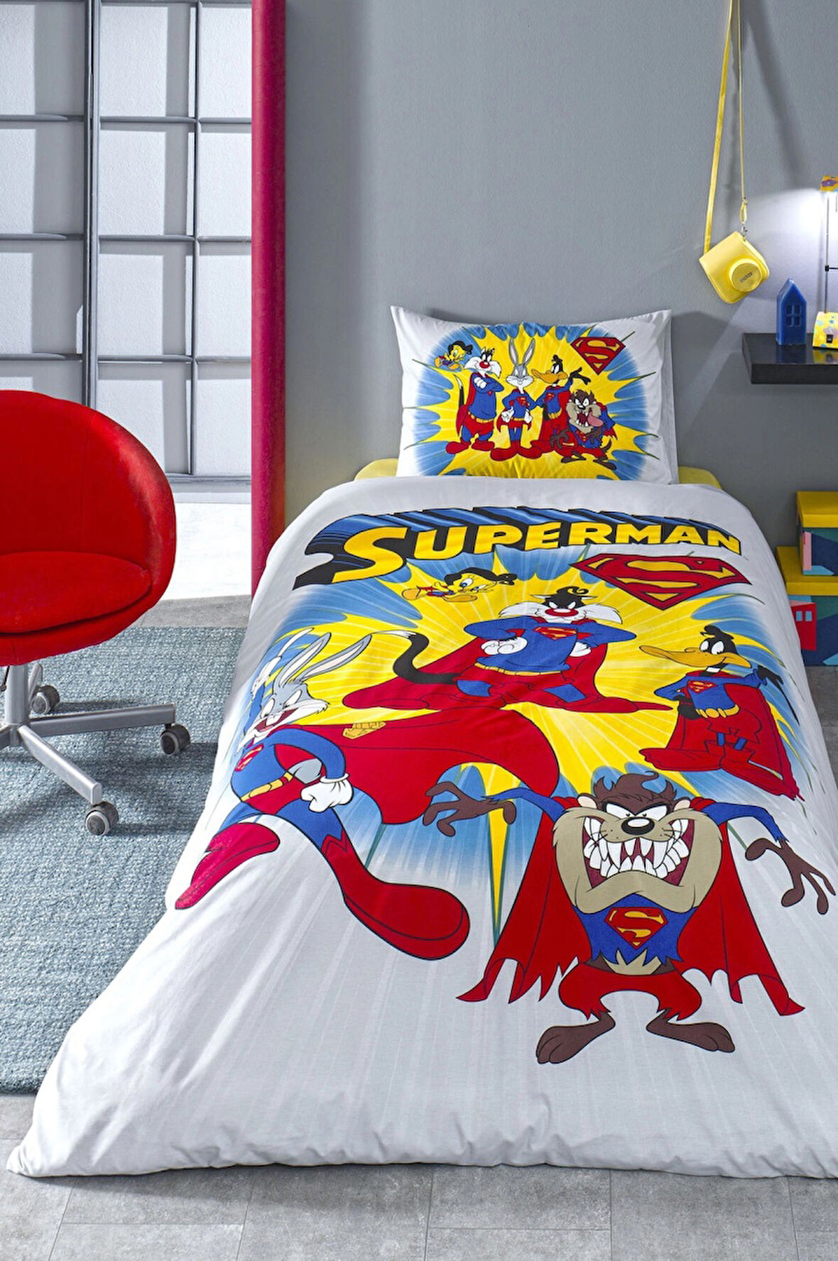 Özdilek Lisanslı Fitted Çarşaflı Tek Kişilik Çocuk Nevresim Takımı-Looney Tunes Superman Sarı