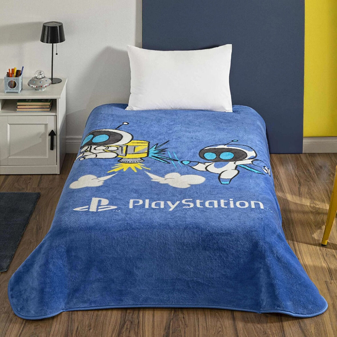 Taç Lisanslı Tek Kişilik Çocuk Battaniye (160x220)-Playstation Astrobot Mavi