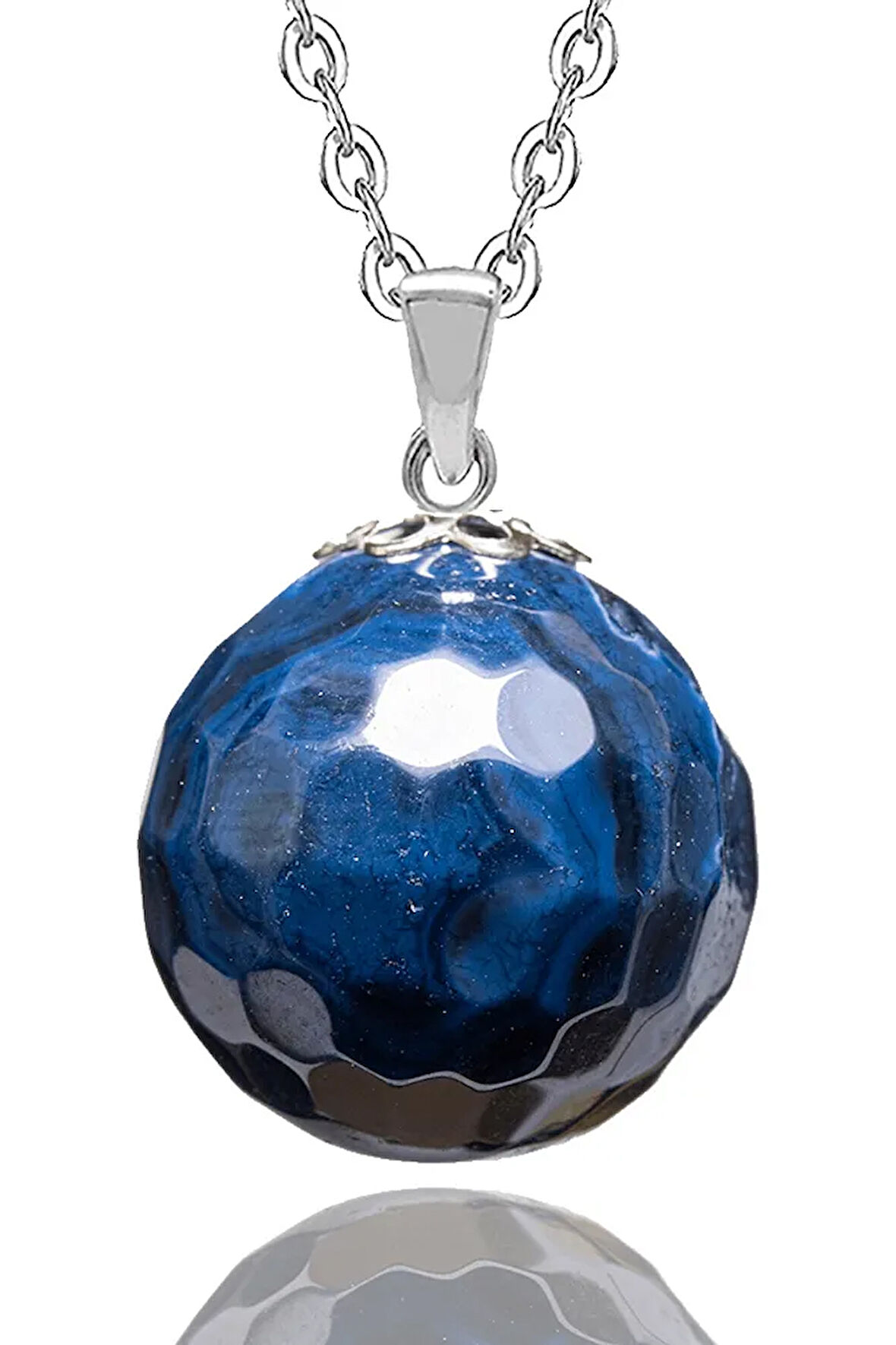 Sertifikalı Fasetli Mavi Akik Taşlı Doğal Taş Kolye