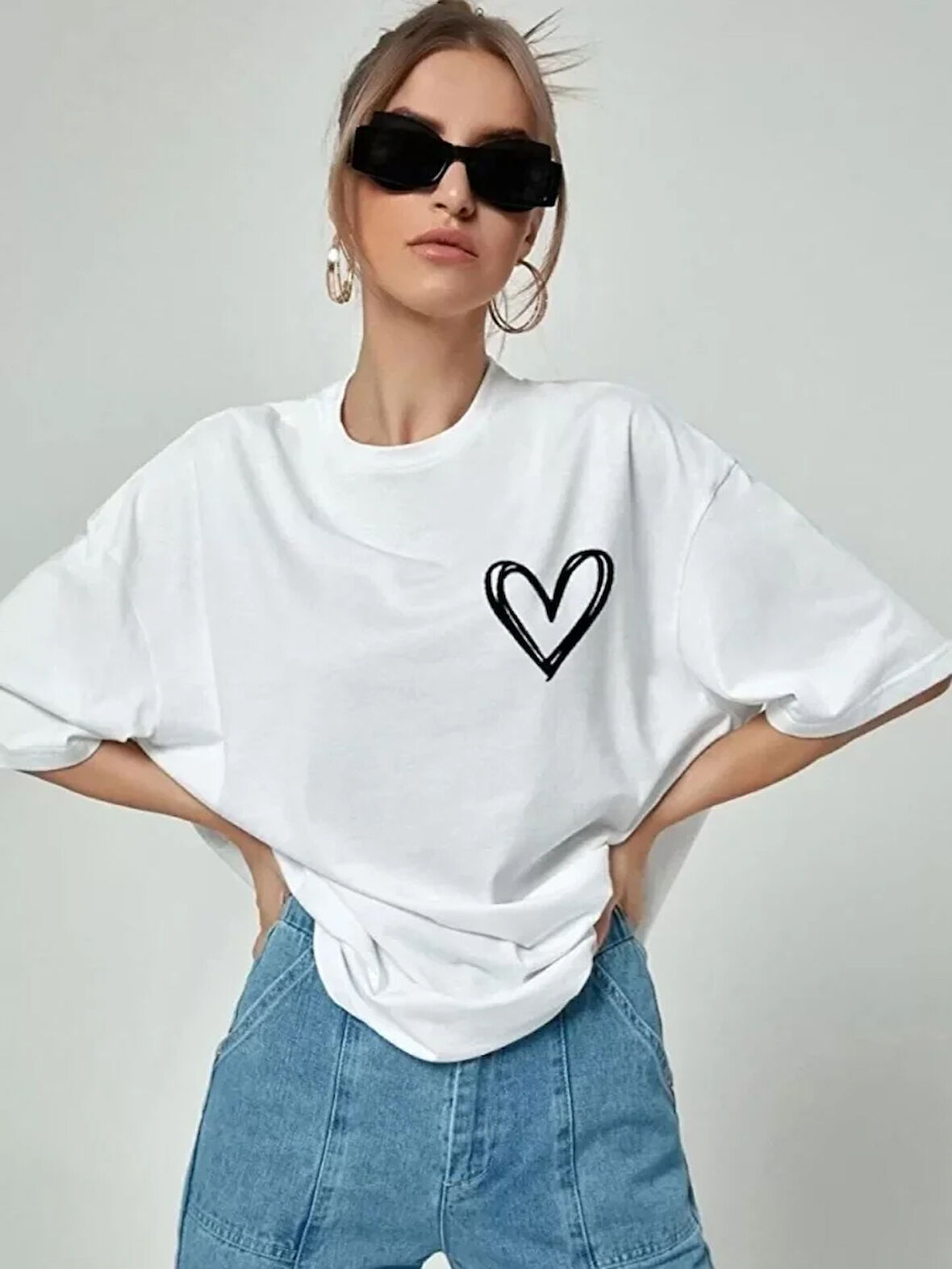 ModaSize Bisiklet Yaka Baskılı Oversize T-Shirt - Beyaz