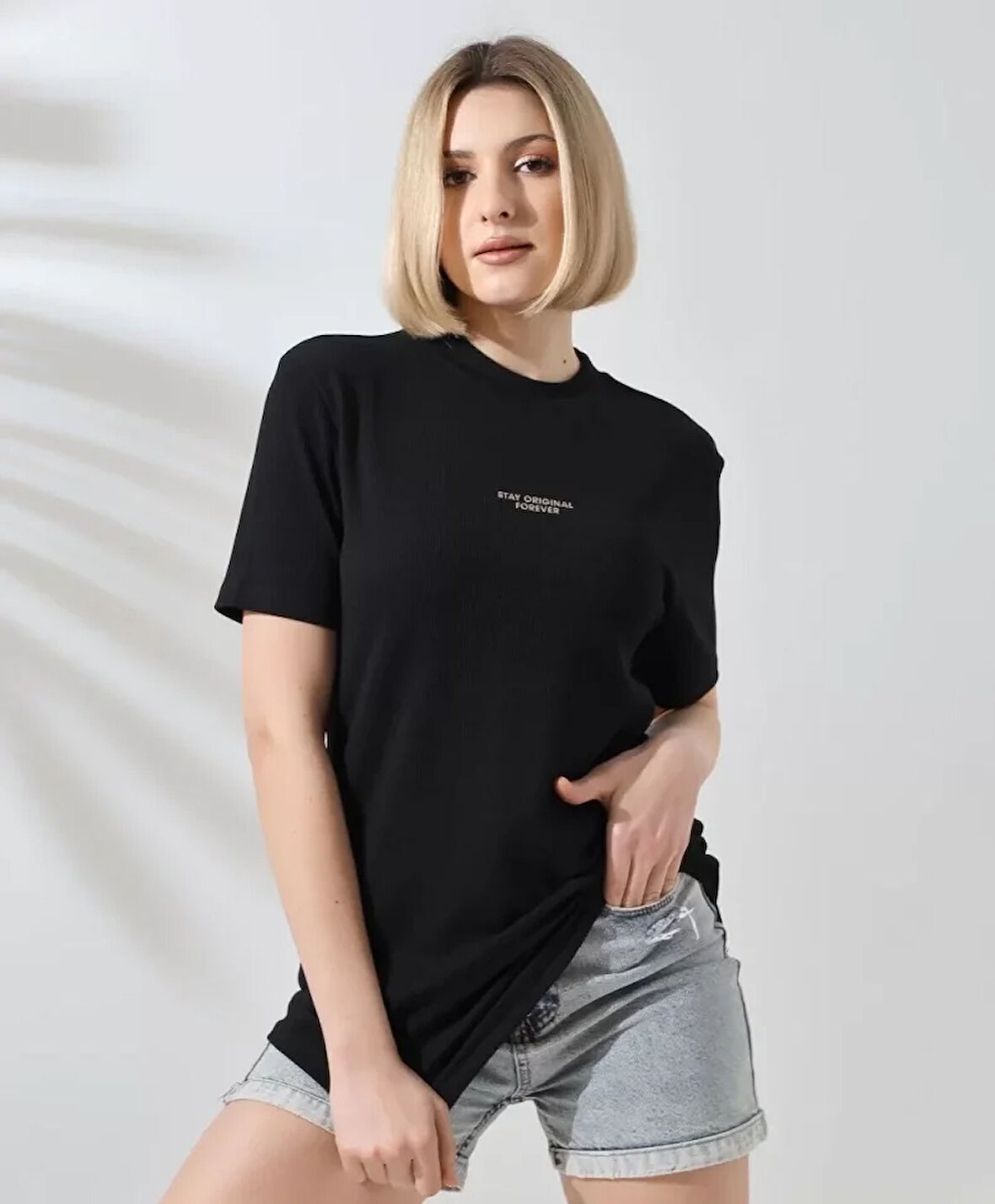 ModaSize Unisex Bisiklet Yaka Baskılı Slim Fit T-Shirt - Siyah