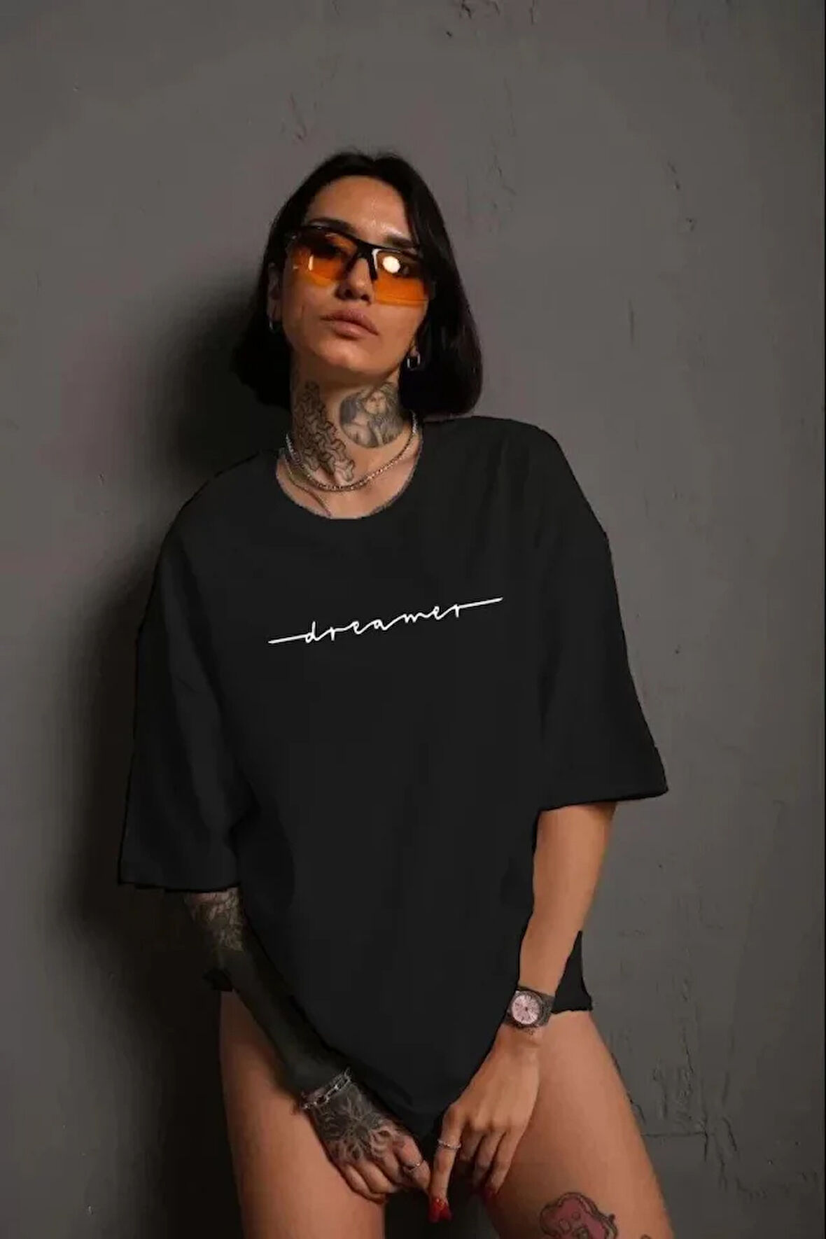 ModaSize Unisex Bisiklet Yaka Baskılı T-Shirt - Siyah