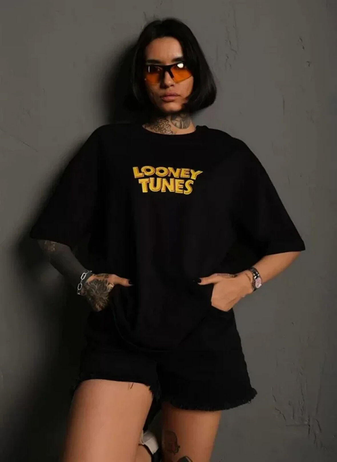 ModaSize Unisex Bisiklet Yaka Baskılı Oversize T-Shirt - Siyah