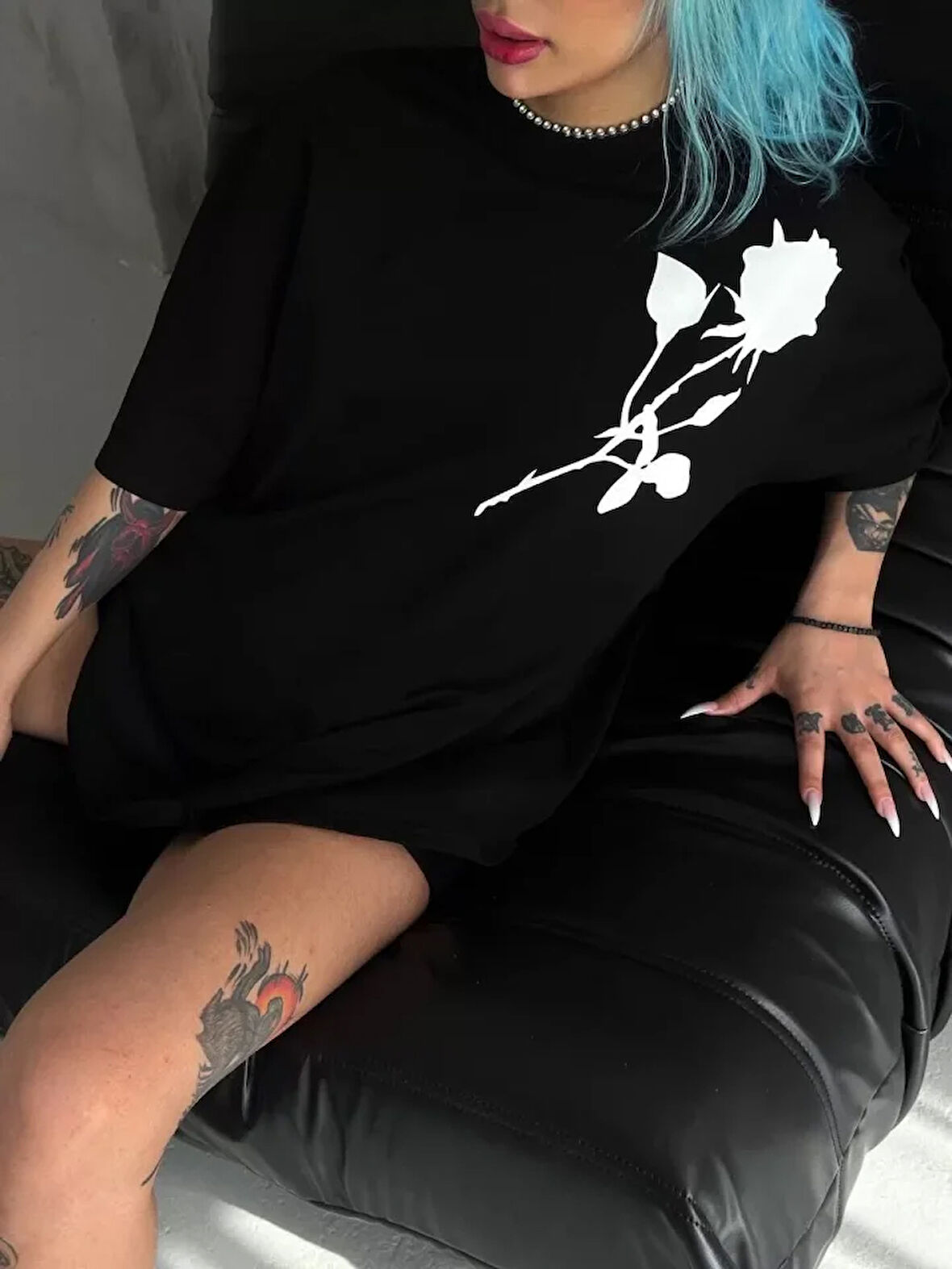 ModaSize Unisex Bisiklet Yaka Baskılı Oversize T-Shirt - Siyah