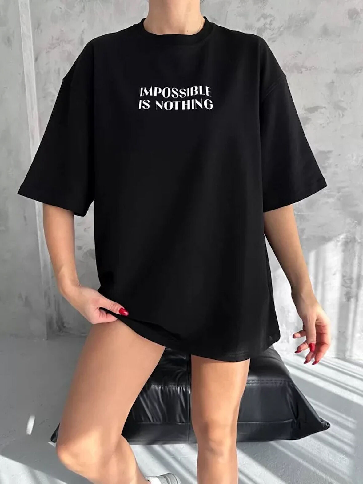 ModaSize Unisex Bisiklet Yaka Baskılı Oversize T-Shirt - Siyah