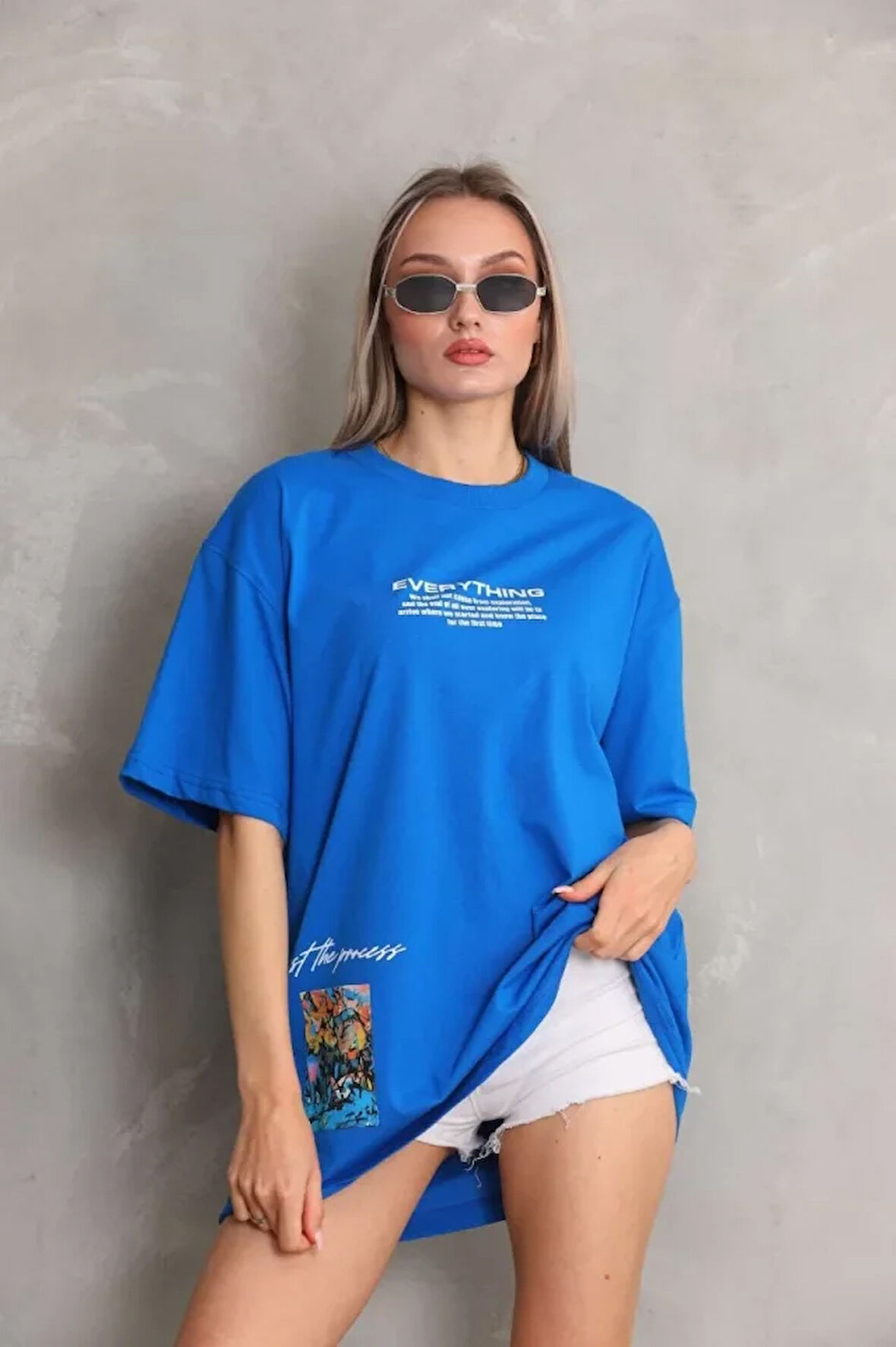 ModaSize Unisex Bisiklet Yaka Baskılı Oversize T-Shirt - Mavi