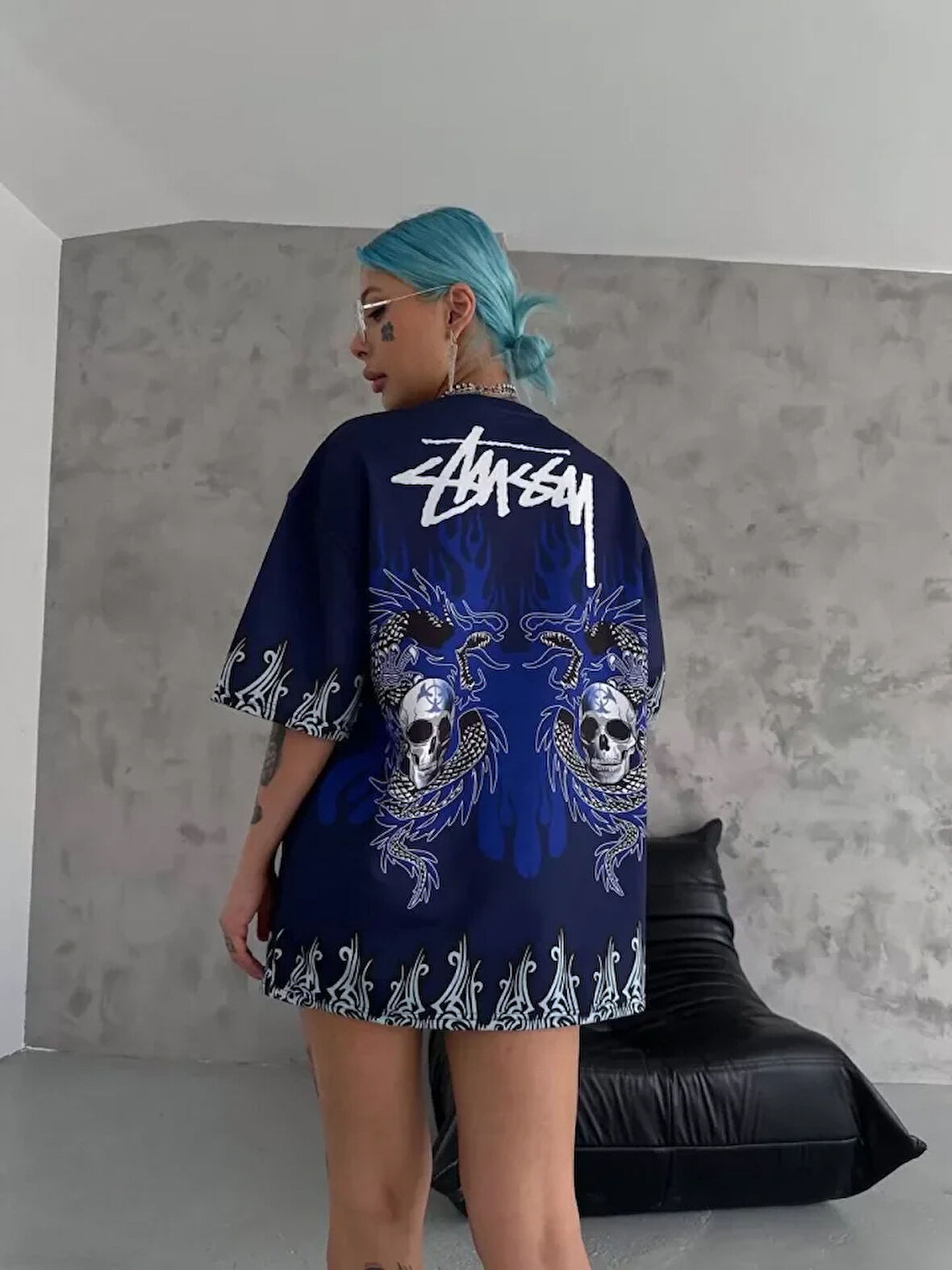ModaSize Unisex Bisiklet Yaka Baskılı Oversize T-Shirt - Lacivert