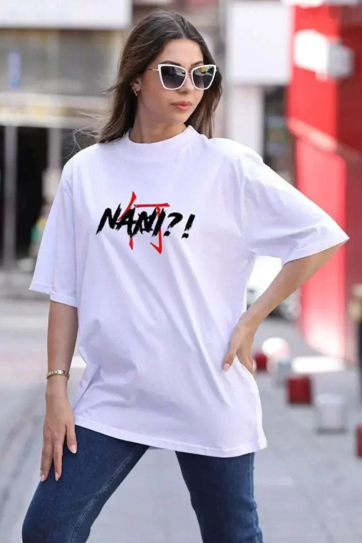 ModaSize Unisex Bisiklet Yaka Baskılı Oversize T-Shirt - Beyaz