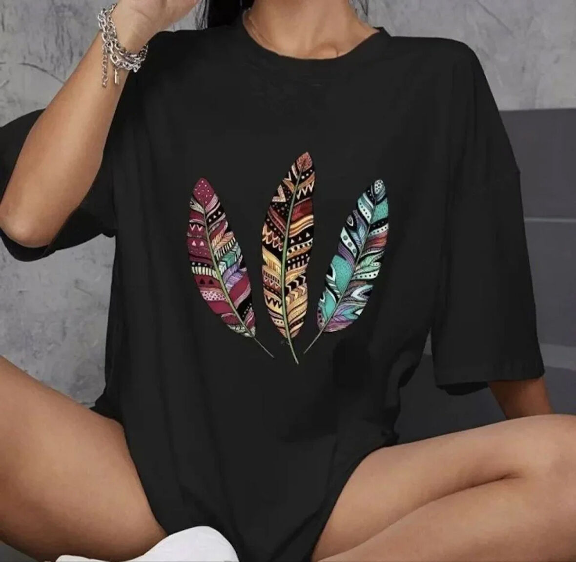 ModaSize Unisex Bisiklet Yaka Baskılı Oversize T-Shirt - Siyah