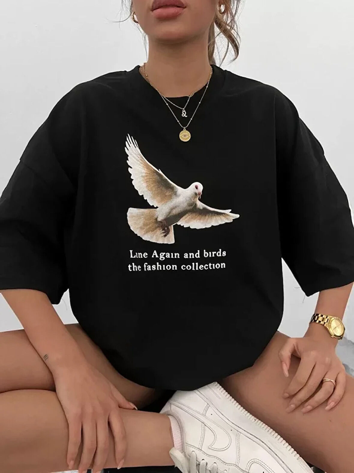 ModaSize Unisex Bisiklet Yaka Baskılı Oversize T-Shirt - Siyah