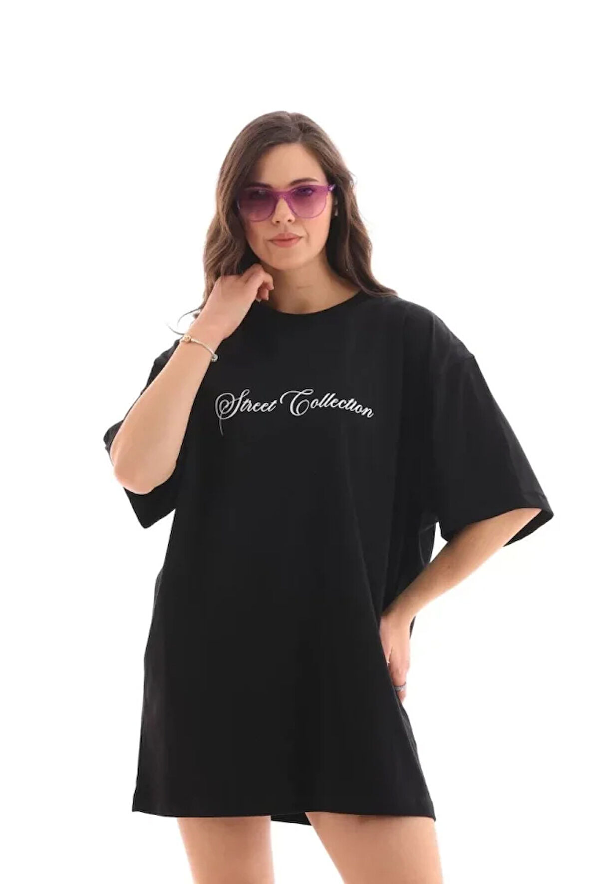 ModaSize Unisex Bisiklet Yaka Baskılı Oversize T-Shirt - Siyah