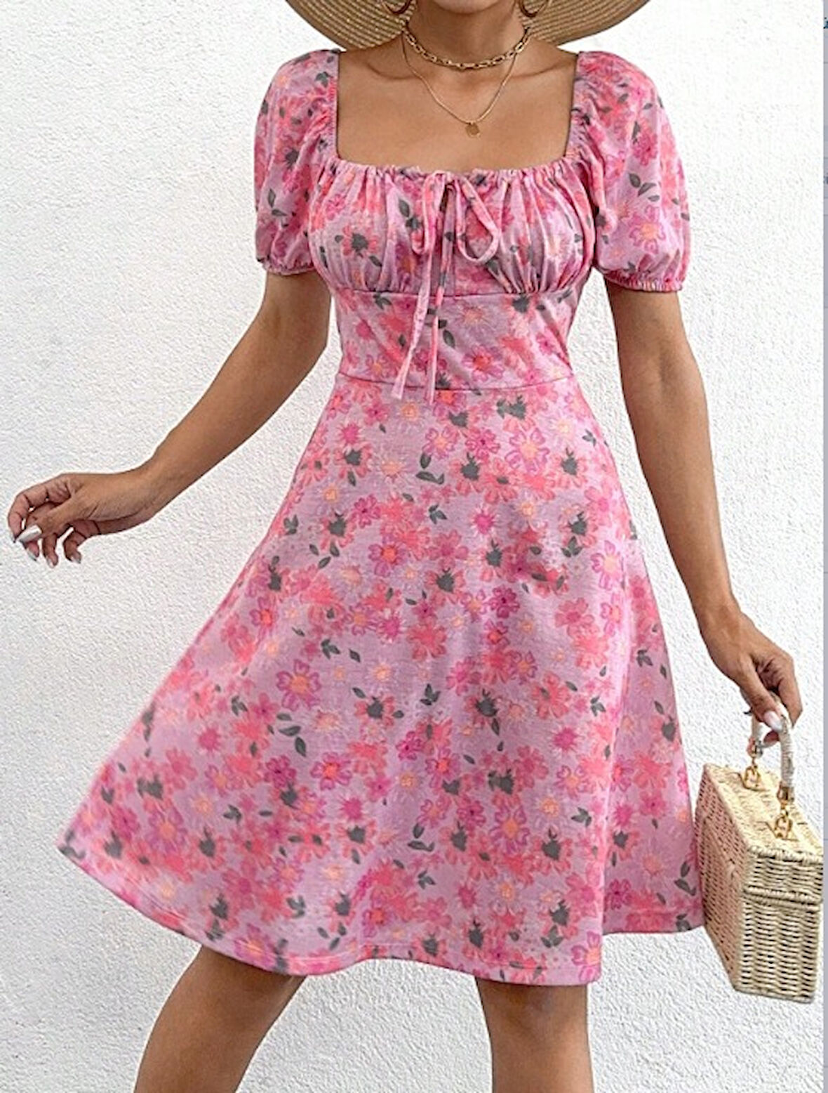 ModaSize Kadın Kısa Kollu Mini çiçek Baskılı Bağcık Detay Süprem Midi Boy Elbise