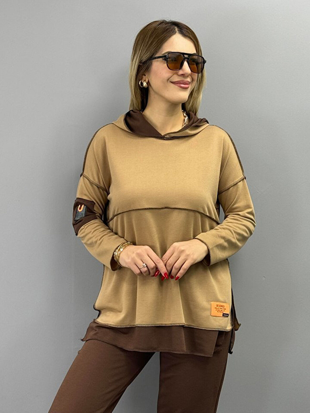 ModaSize Kadın Kahve Kapşonlu Etek Ucu Detay Arma Ters Dikiş Gorunumlu Ikili Takım