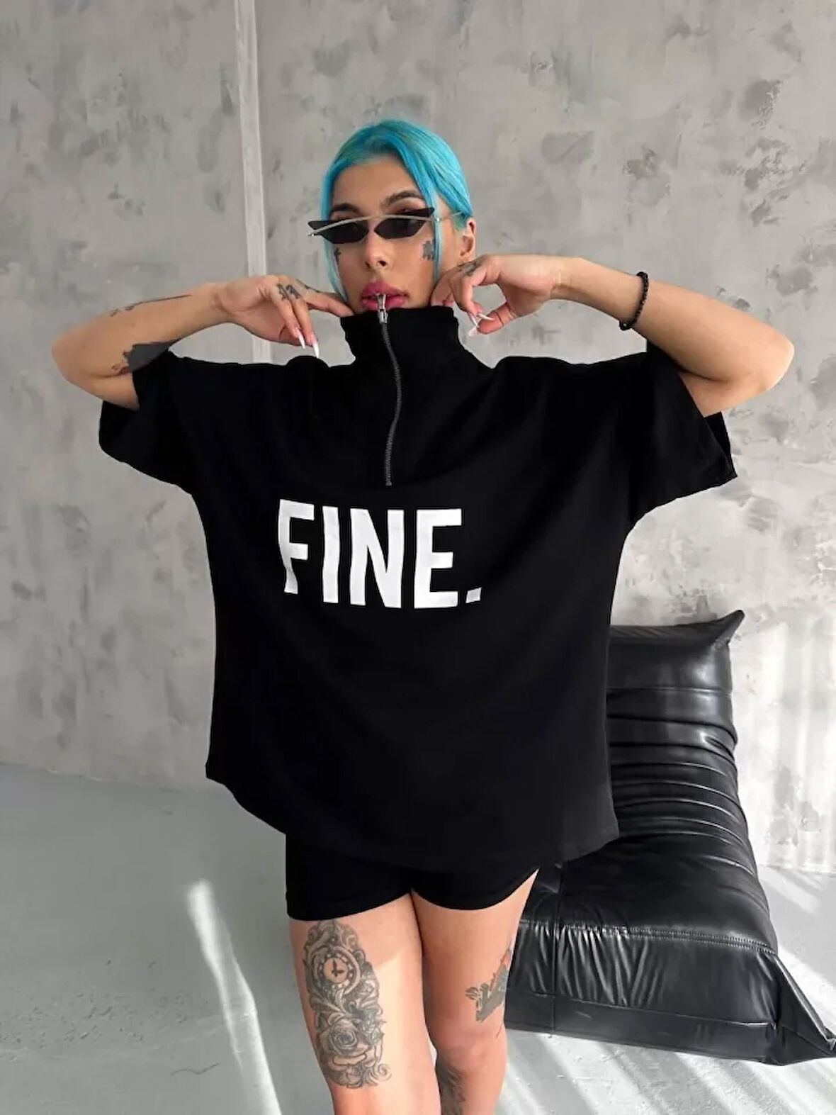 ModaSize Unisex Baskılı Yarım Fermuarlı T-Shirt - Siyah