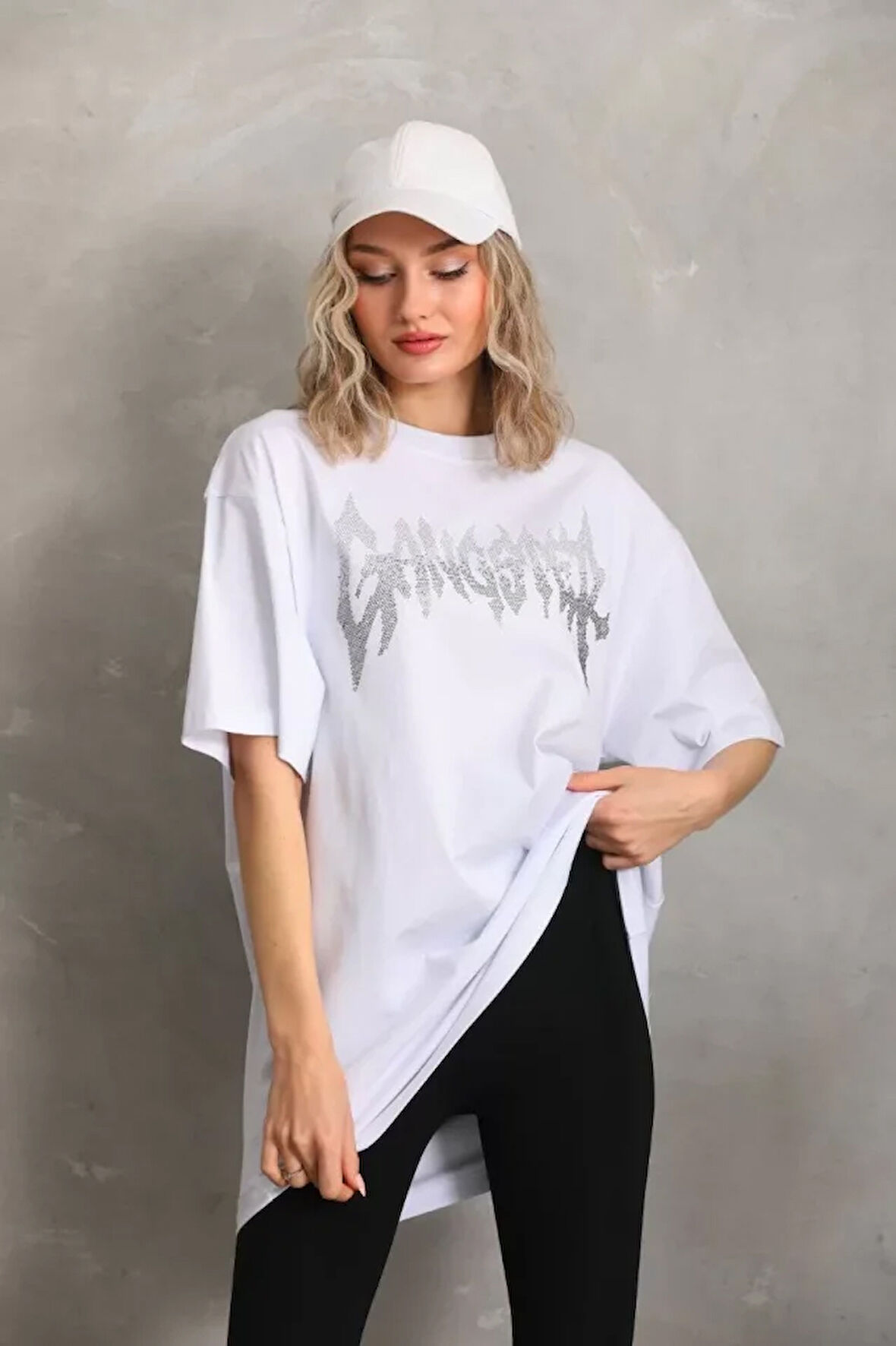 ModaSize Unisex Taş Desenli Oversize T-Shirt - Beyaz