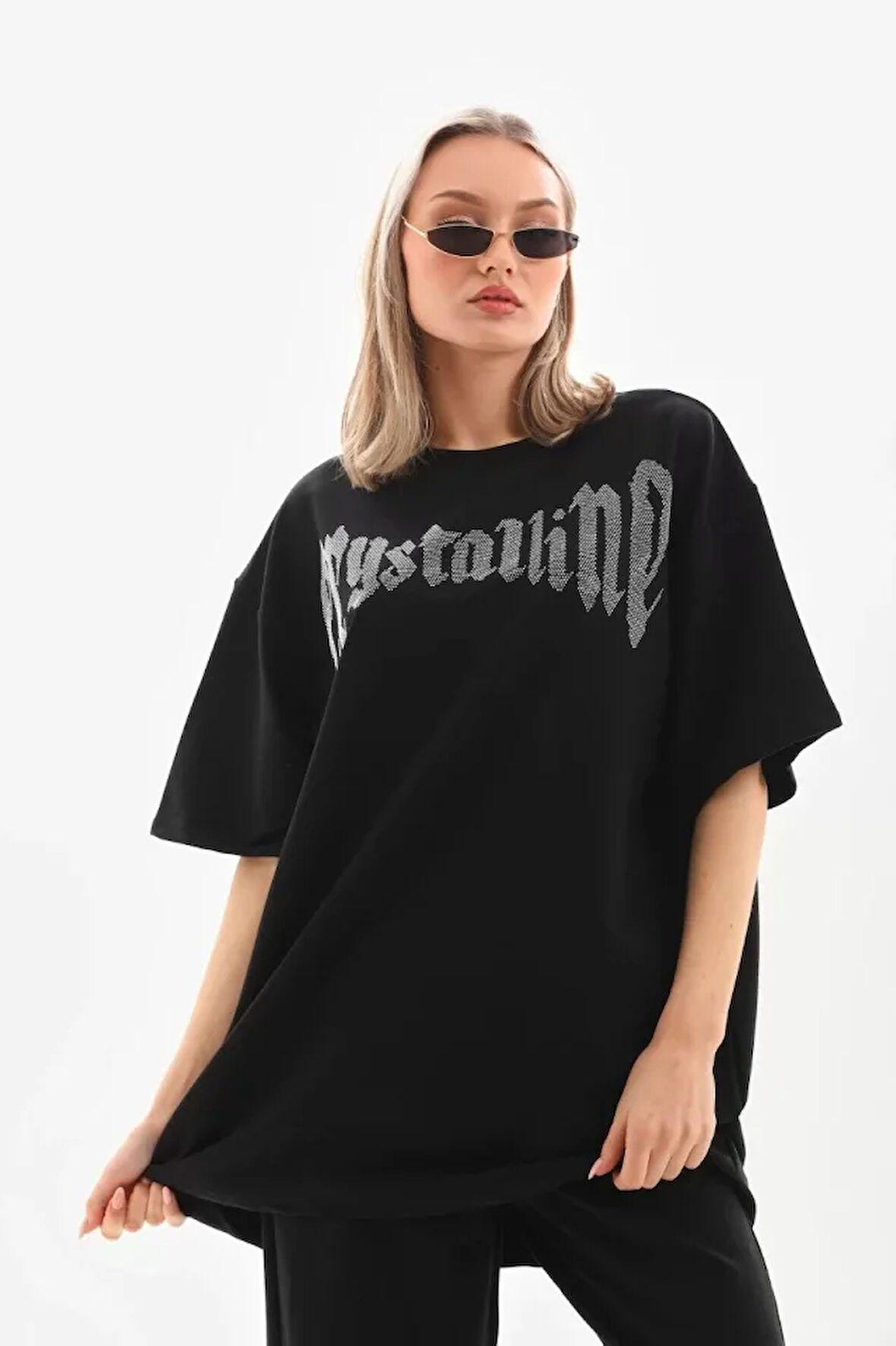 ModaSize Unisex Taş Desenli Oversize T-Shirt - Beyaz
