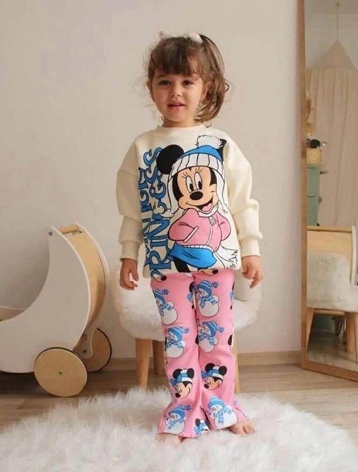 Minnie Mouse Pembe Şardonlu ikili İspanyol Paça Kız Takım
