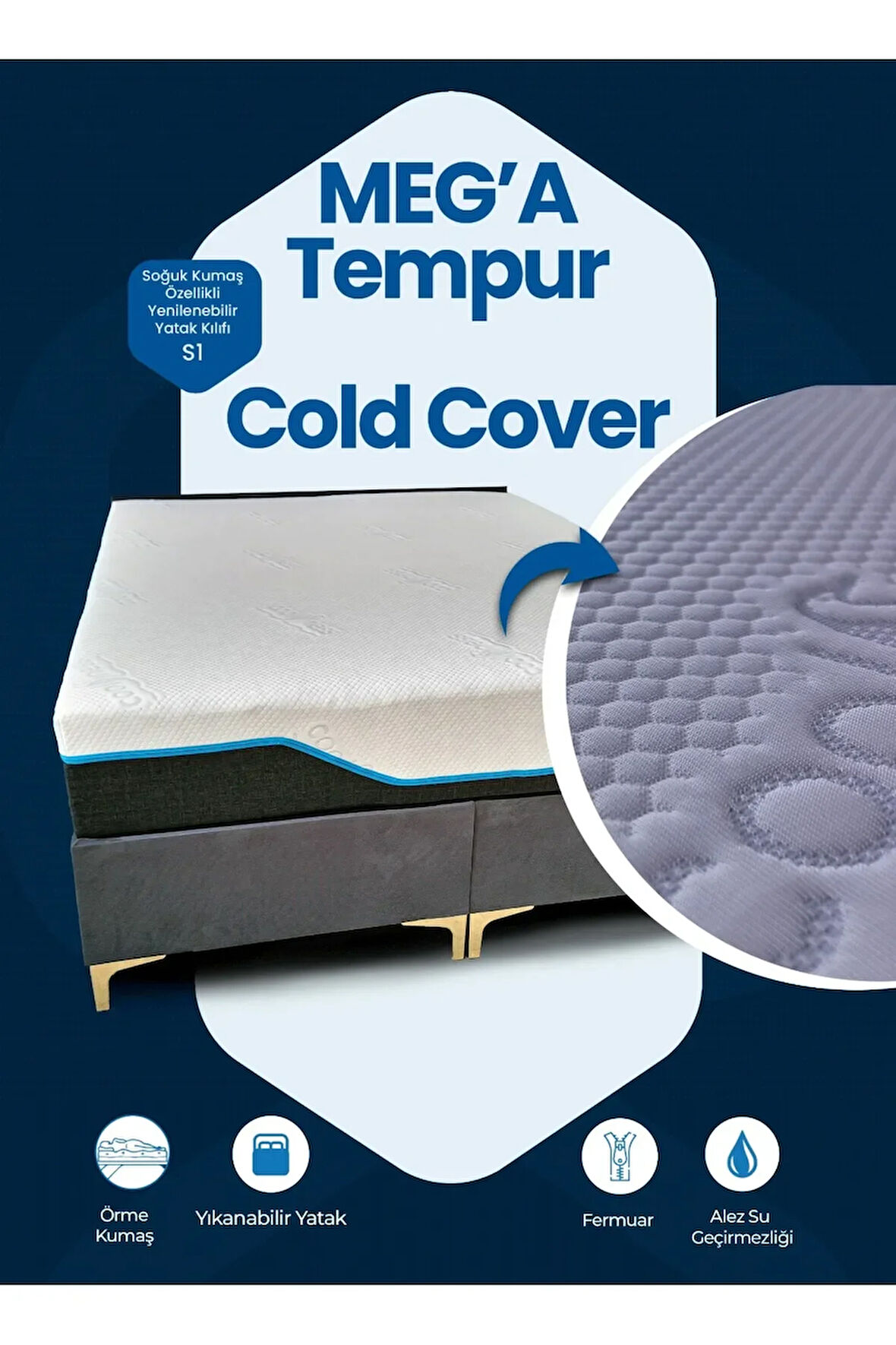 Meg'a Tempur Cold Cover Yatak Pedi&şiltesi Fermuarlı Yıkanabilir Yatak Kılıfı