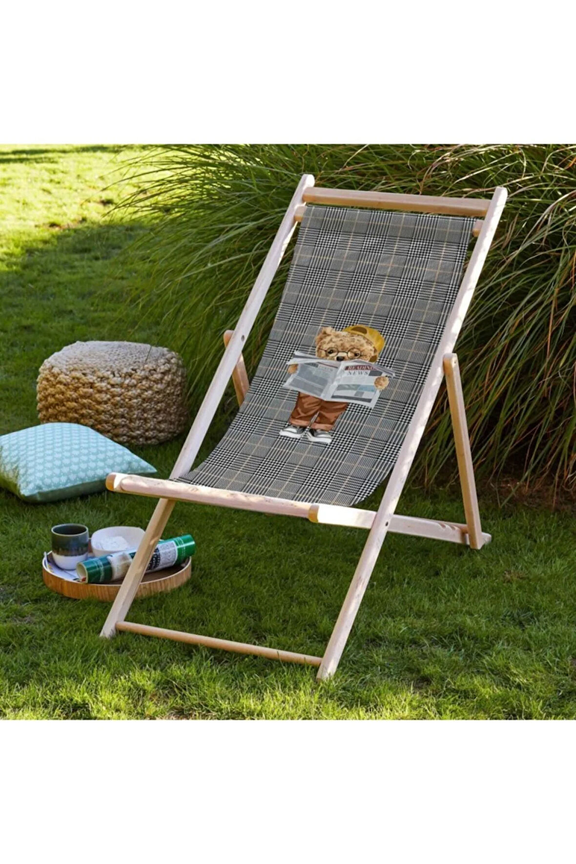 Picniker Teddy Katlanır Şezlong - Fırınlanmış Gürgen Ağacı, Süet Kumaş Gri