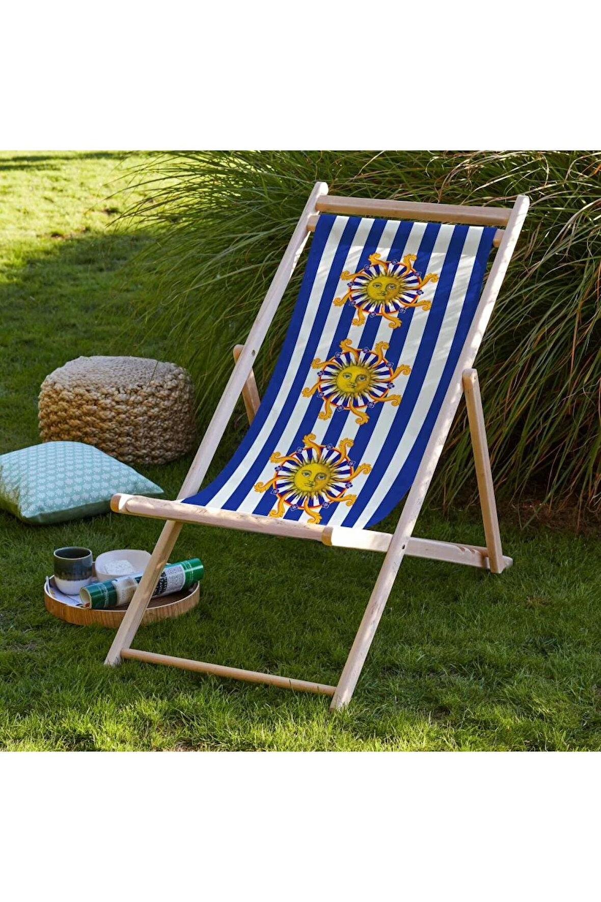 Mavi Çizgili Katlanır Şezlong (Ahşap Fırınlanmış Gürgen Ağacı, Süet Kumaş)