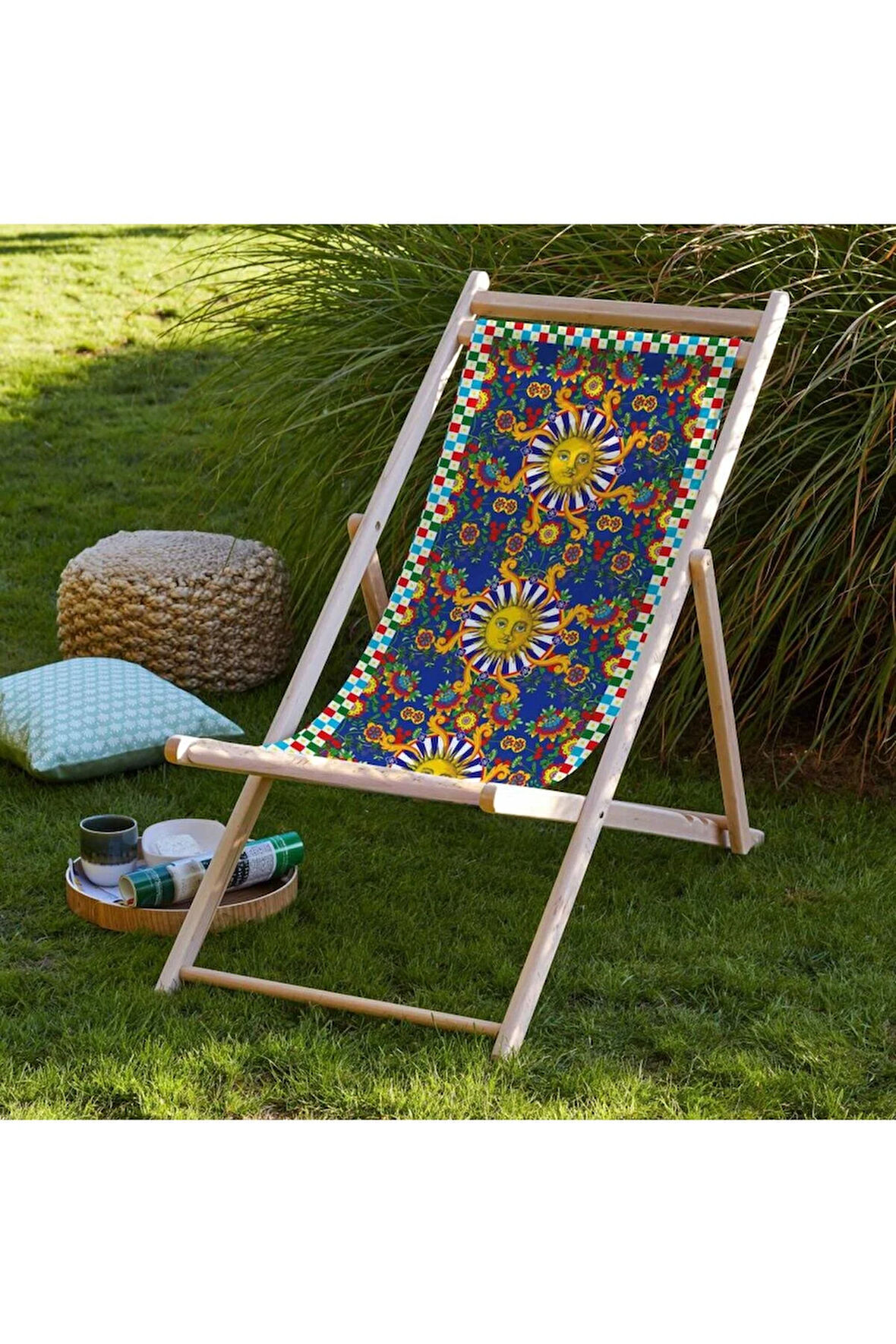 Renkli Katlanır Şezlong (Ahşap Fırınlanmış Gürgen Ağacı, Süet Kumaş)